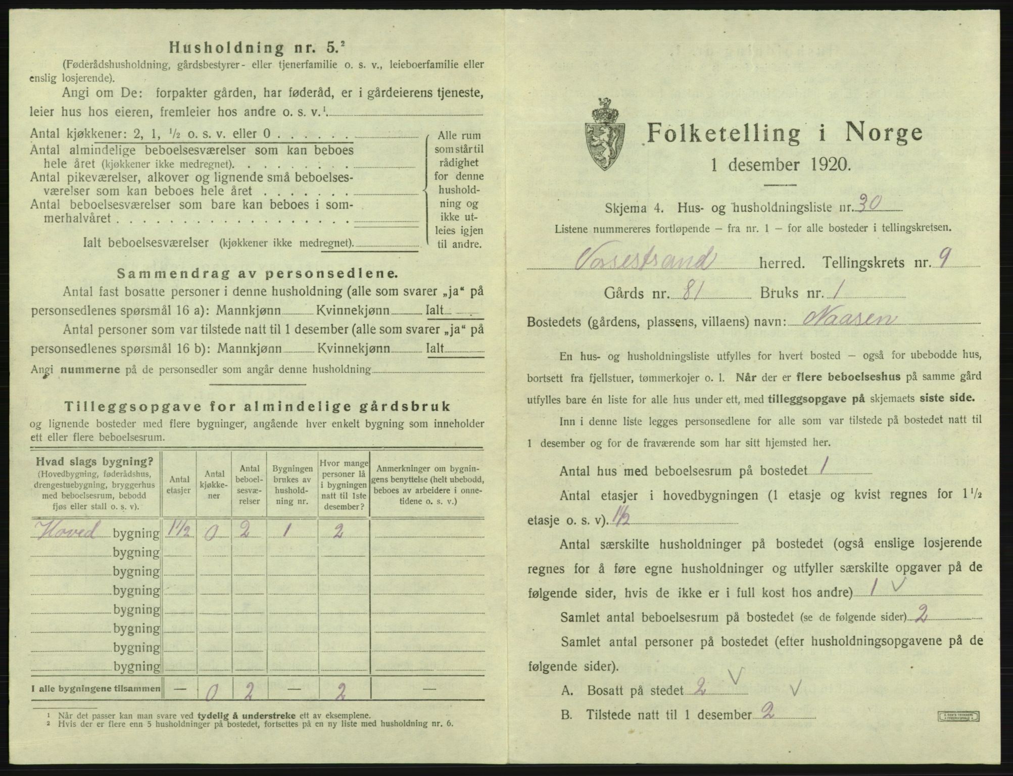 SAB, 1920 census for Vossestrand, 1920, p. 652
