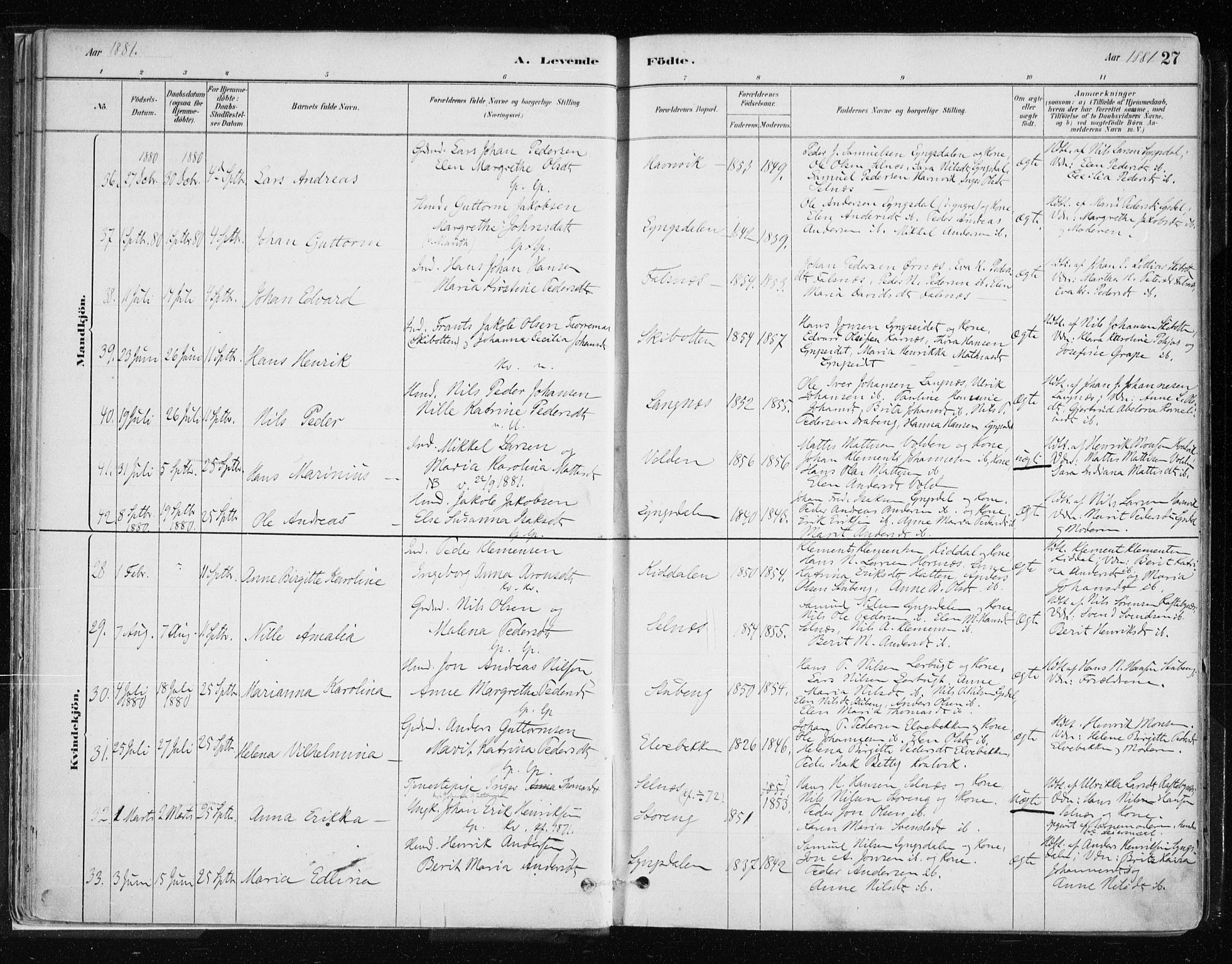 Lyngen sokneprestembete, AV/SATØ-S-1289/H/He/Hea/L0007kirke: Parish register (official) no. 7, 1879-1890, p. 27