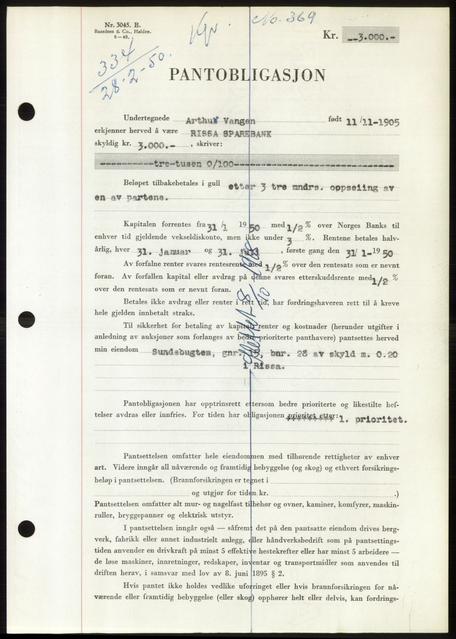 Fosen sorenskriveri, AV/SAT-A-1107/1/2/2C: Mortgage book no. B, 1948-1950, Diary no: : 334/1950