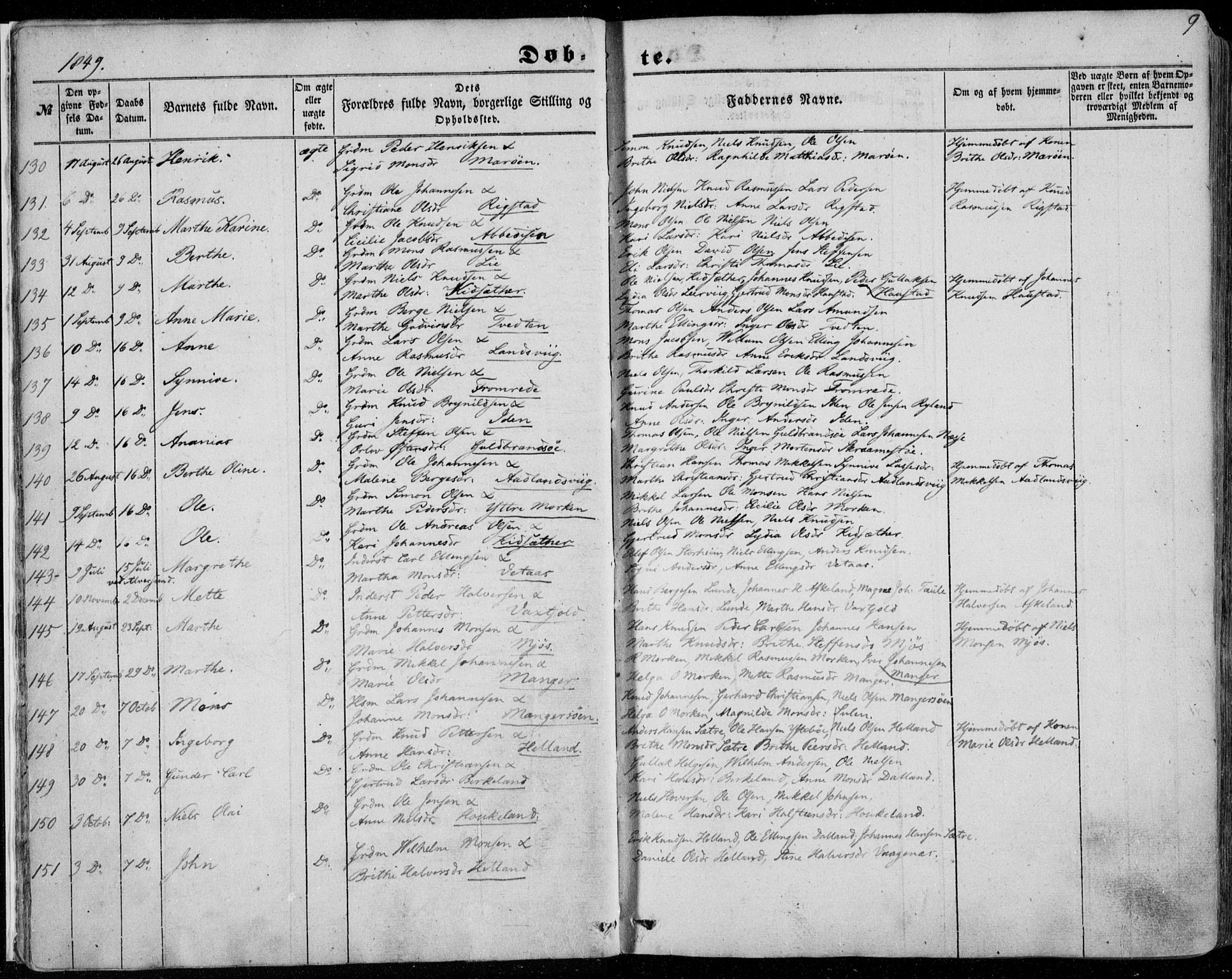 Manger sokneprestembete, AV/SAB-A-76801/H/Haa: Parish register (official) no. A 6, 1849-1859, p. 9