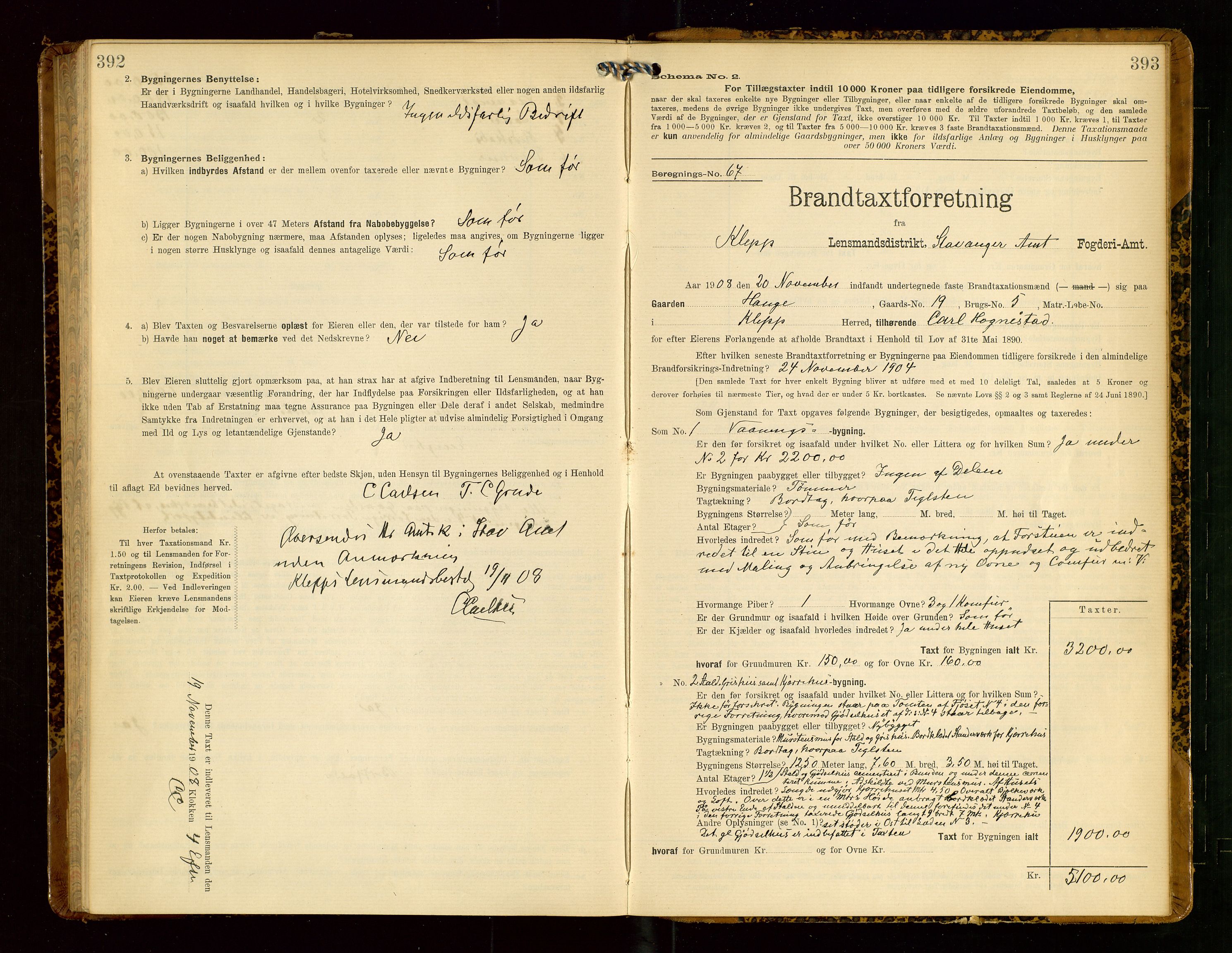 Klepp lensmannskontor, SAST/A-100163/Goc/L0005: "Brandtaxationsprotokol" m/register, 1908, p. 392-393