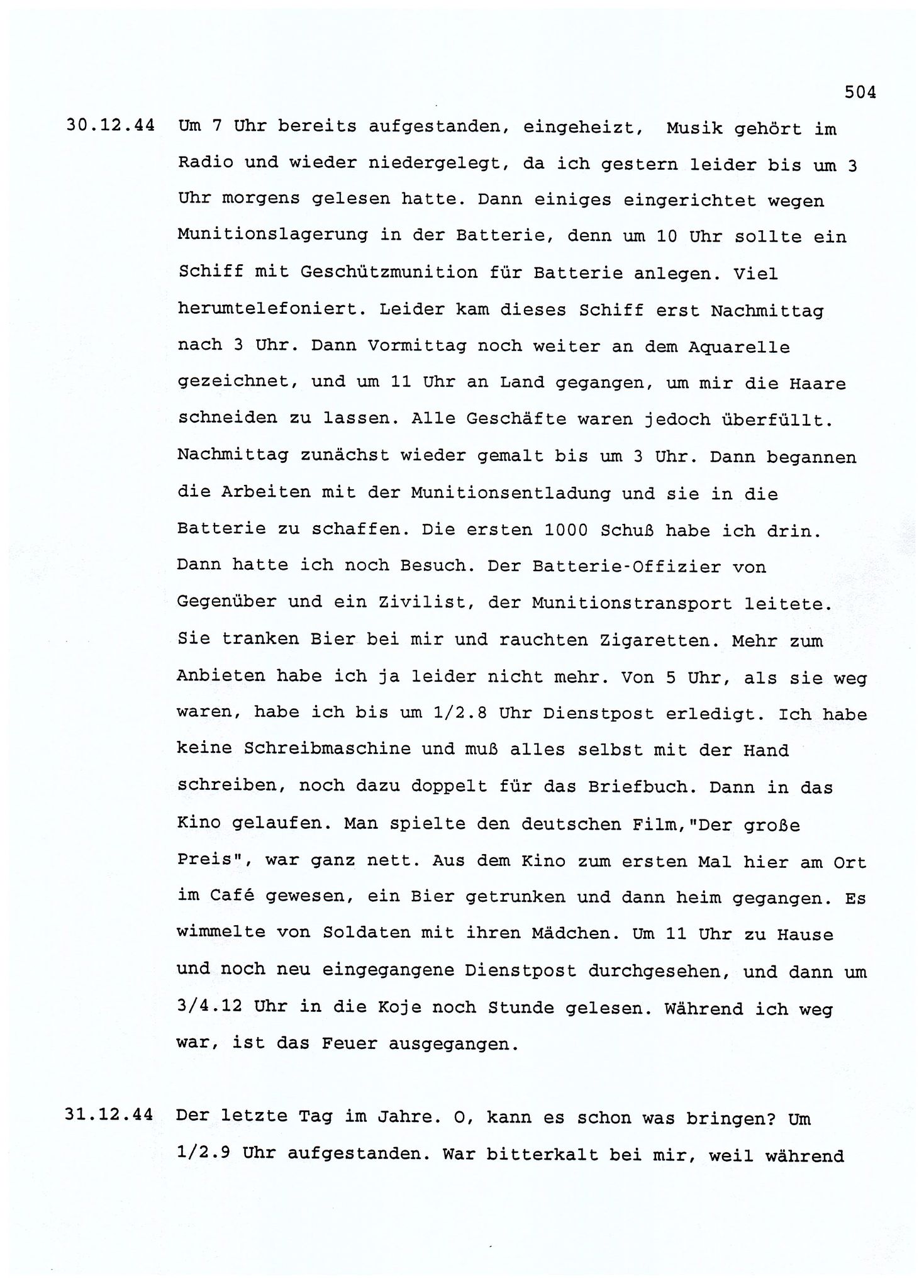 Dagbokopptegnelser av en tysk marineoffiser stasjonert i Norge , FMFB/A-1160/F/L0001: Dagbokopptegnelser av en tysk marineoffiser stasjonert i Norge, 1941-1944, p. 504