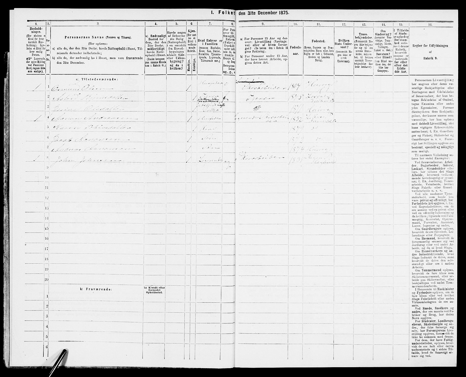 SAK, 1875 census for 0927P Høvåg, 1875, p. 44