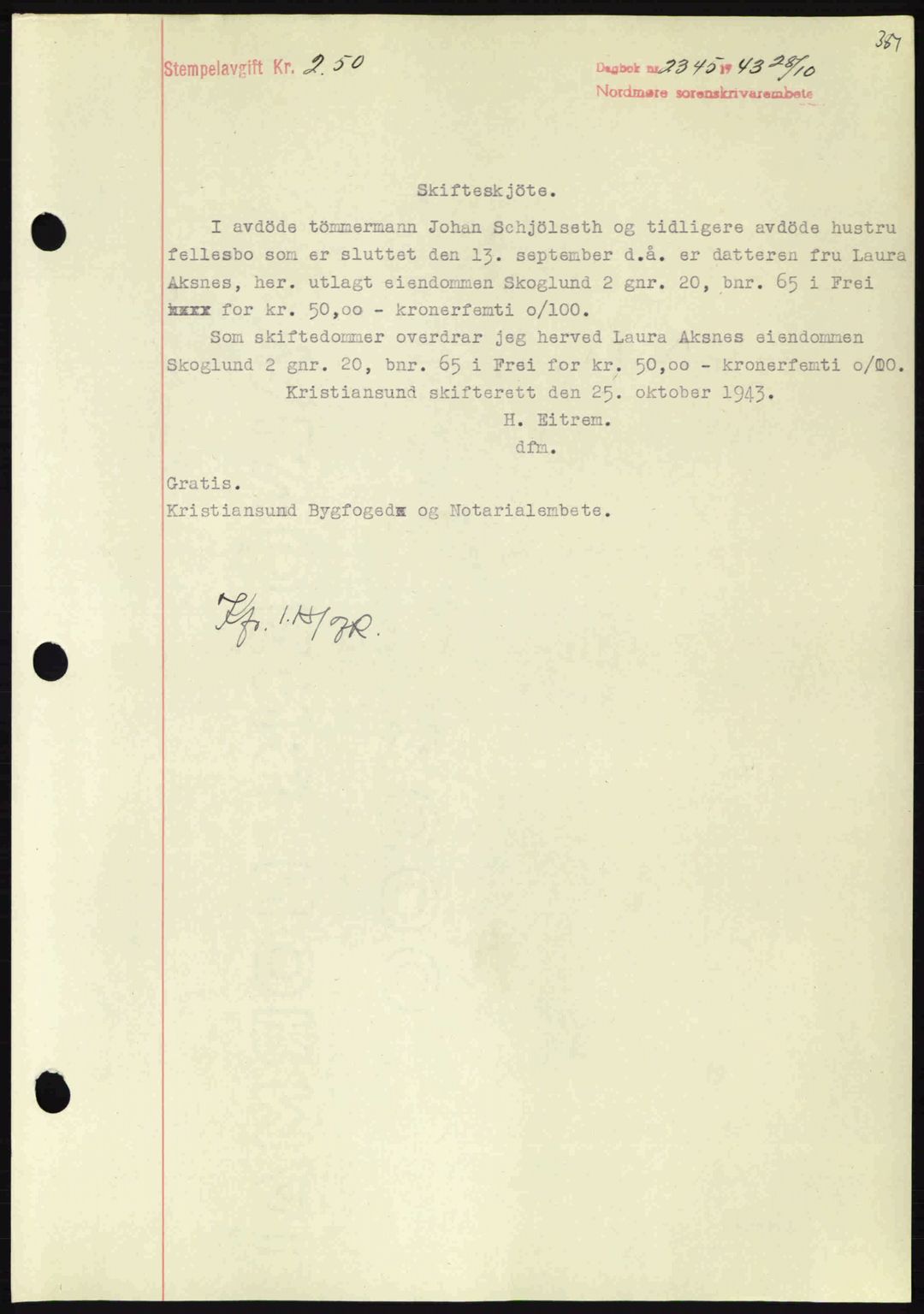 Nordmøre sorenskriveri, SAT/A-4132/1/2/2Ca: Mortgage book no. A96, 1943-1944, Diary no: : 2345/1943
