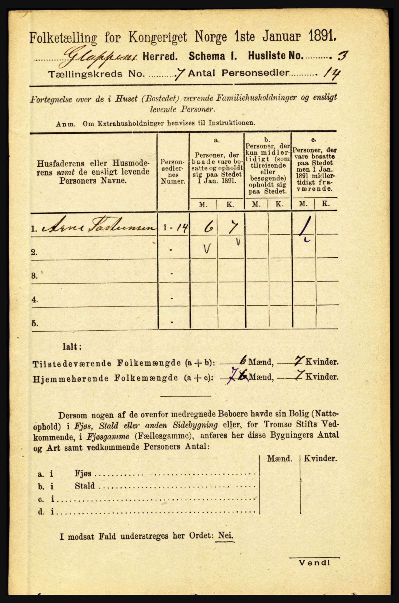 RA, 1891 census for 1445 Gloppen, 1891, p. 2585