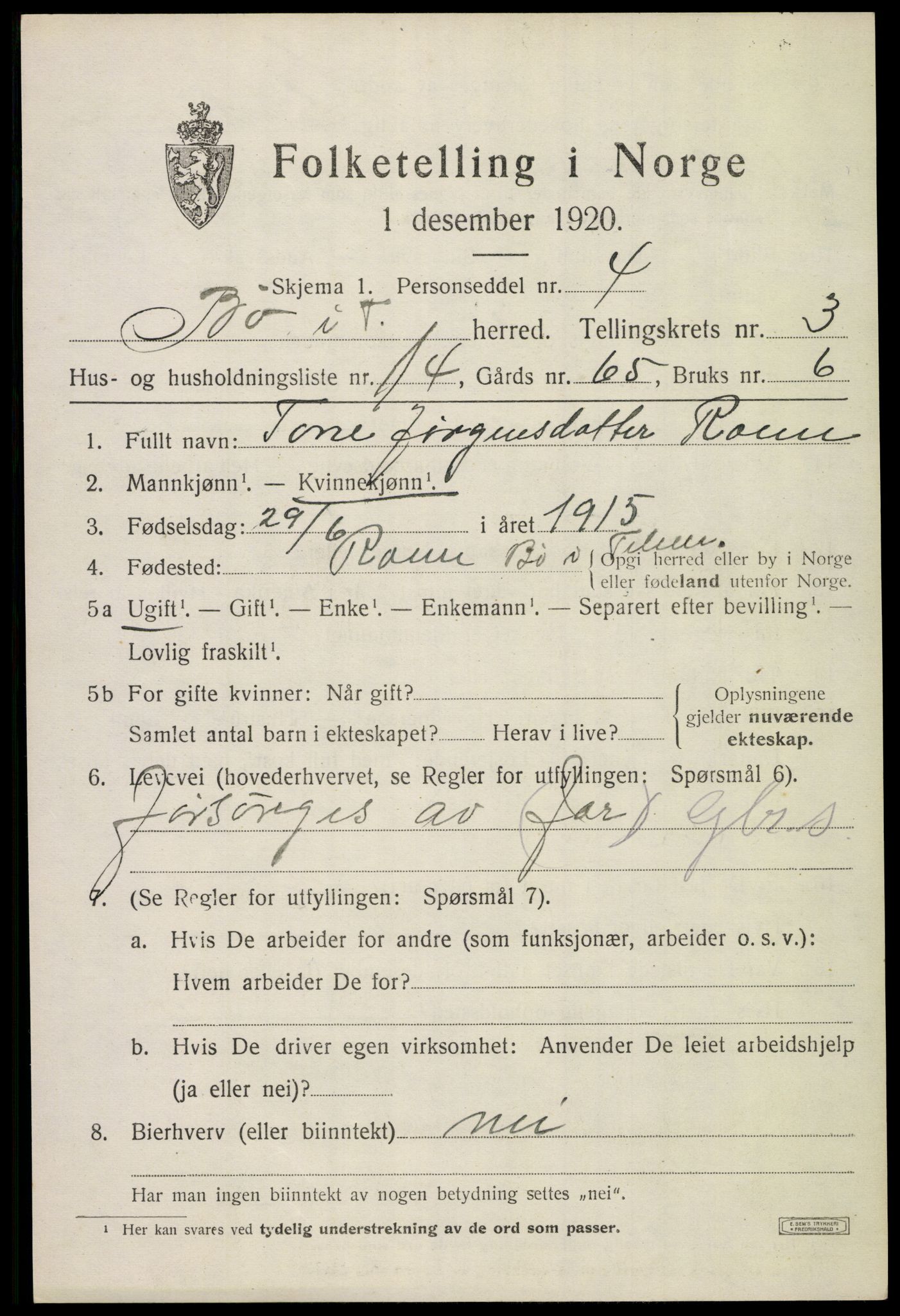 SAKO, 1920 census for Bø (Telemark), 1920, p. 2808