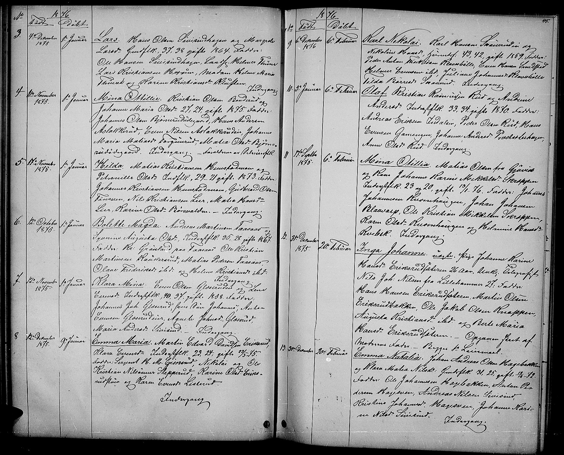 Vestre Toten prestekontor, SAH/PREST-108/H/Ha/Hab/L0006: Parish register (copy) no. 6, 1870-1887, p. 45