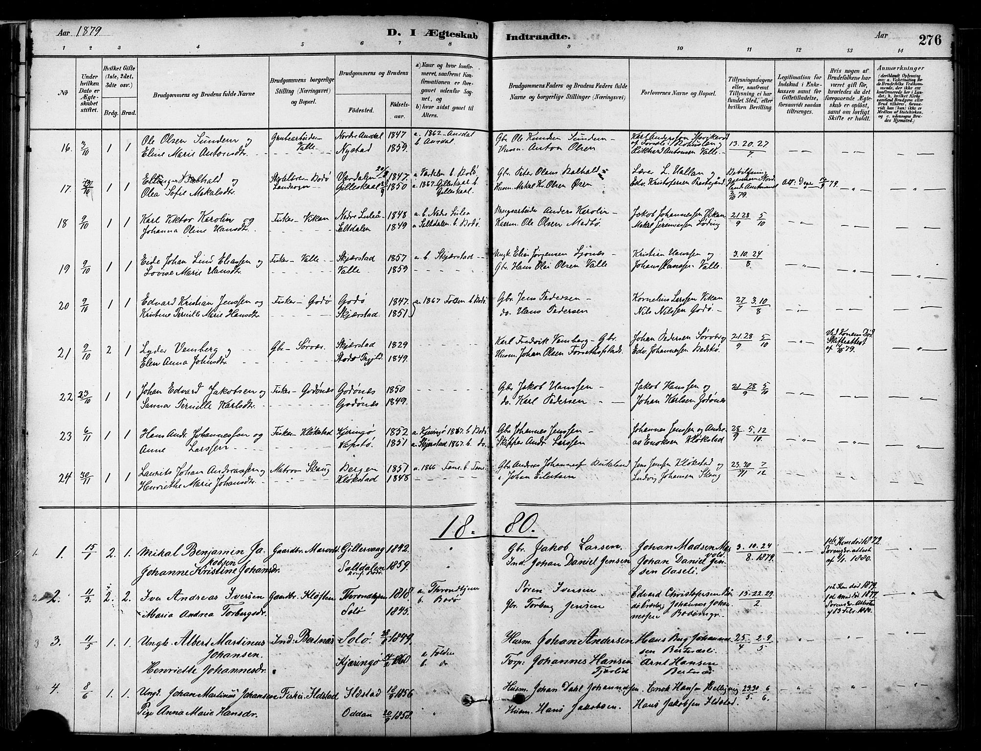 Ministerialprotokoller, klokkerbøker og fødselsregistre - Nordland, AV/SAT-A-1459/802/L0054: Parish register (official) no. 802A01, 1879-1893, p. 276