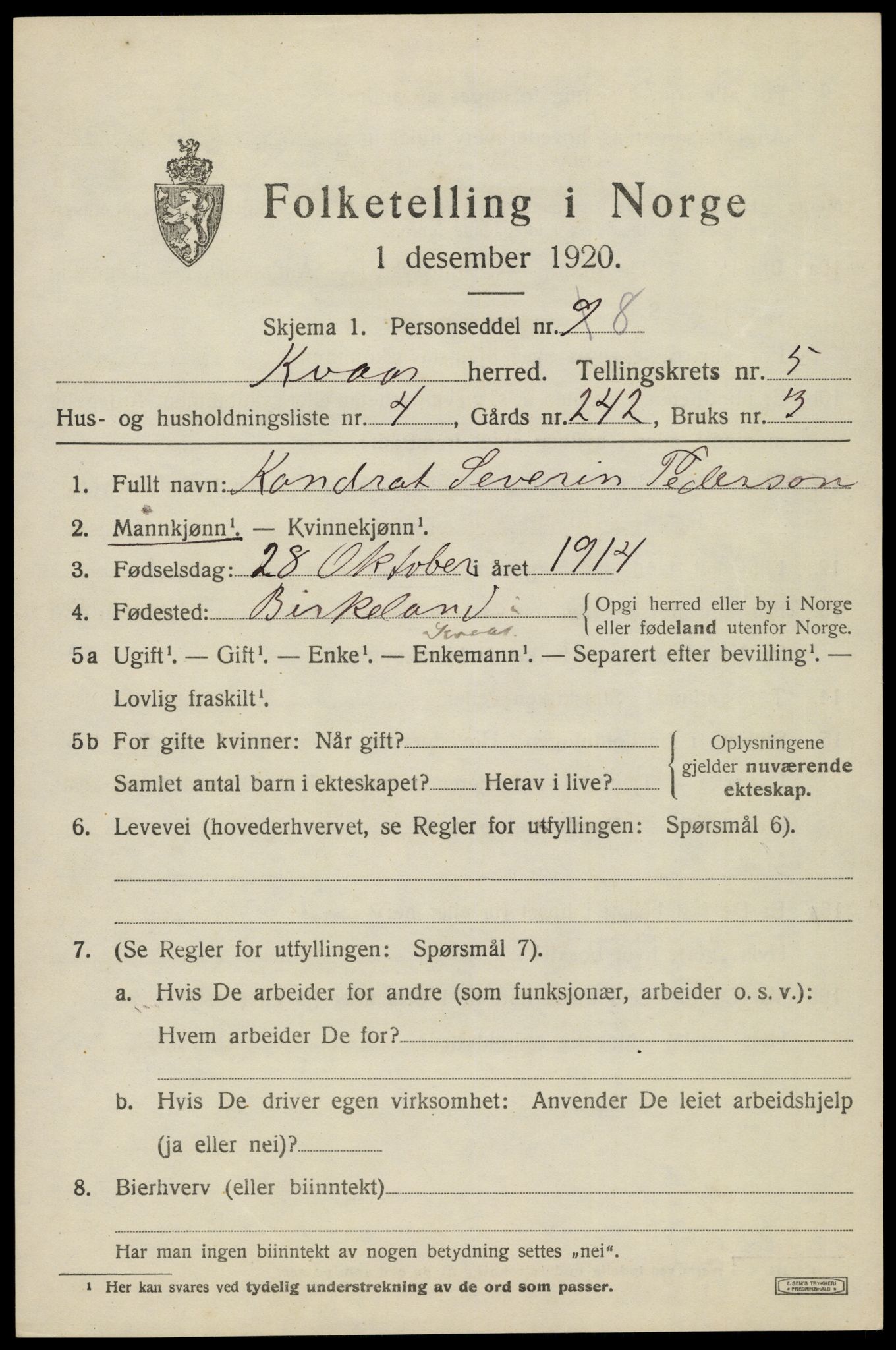 SAK, 1920 census for Kvås, 1920, p. 1326