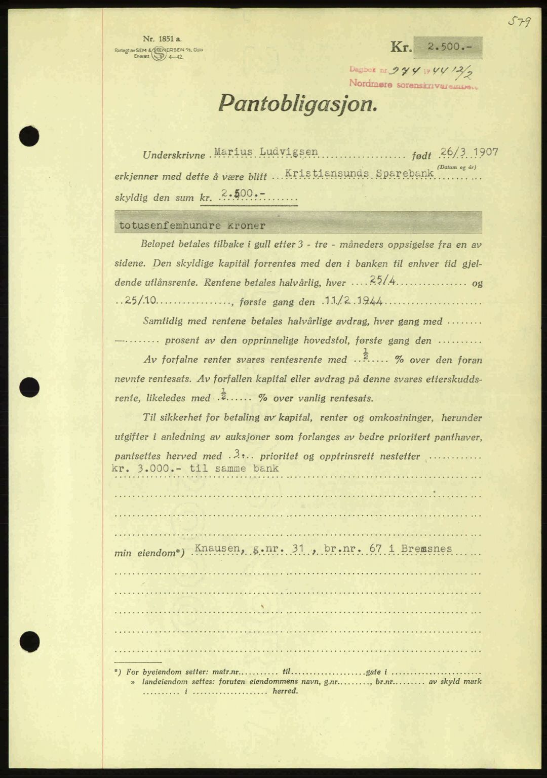 Nordmøre sorenskriveri, AV/SAT-A-4132/1/2/2Ca: Mortgage book no. B91, 1943-1944, Diary no: : 274/1944