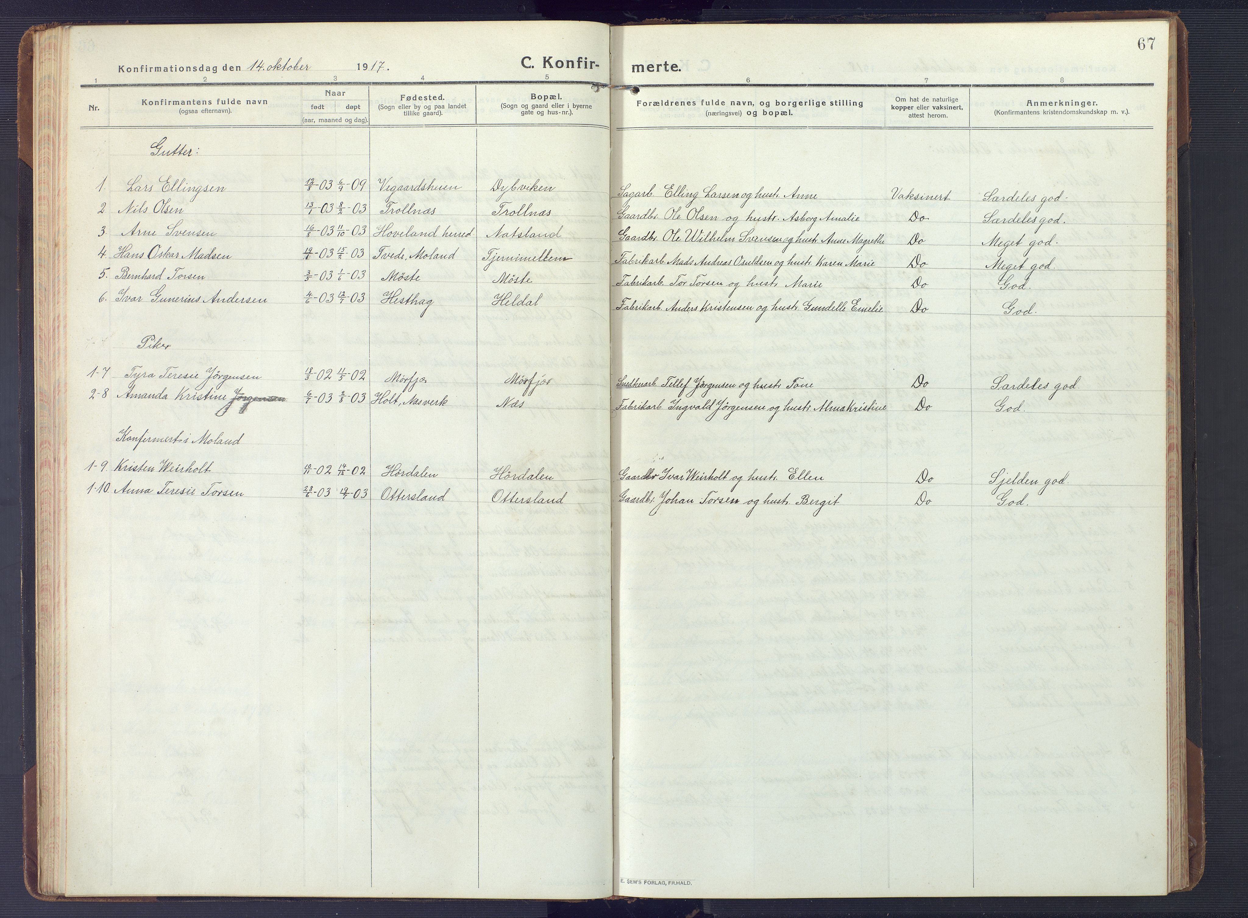 Austre Moland sokneprestkontor, AV/SAK-1111-0001/F/Fb/Fbb/L0004: Parish register (copy) no. B 4, 1914-1929, p. 67