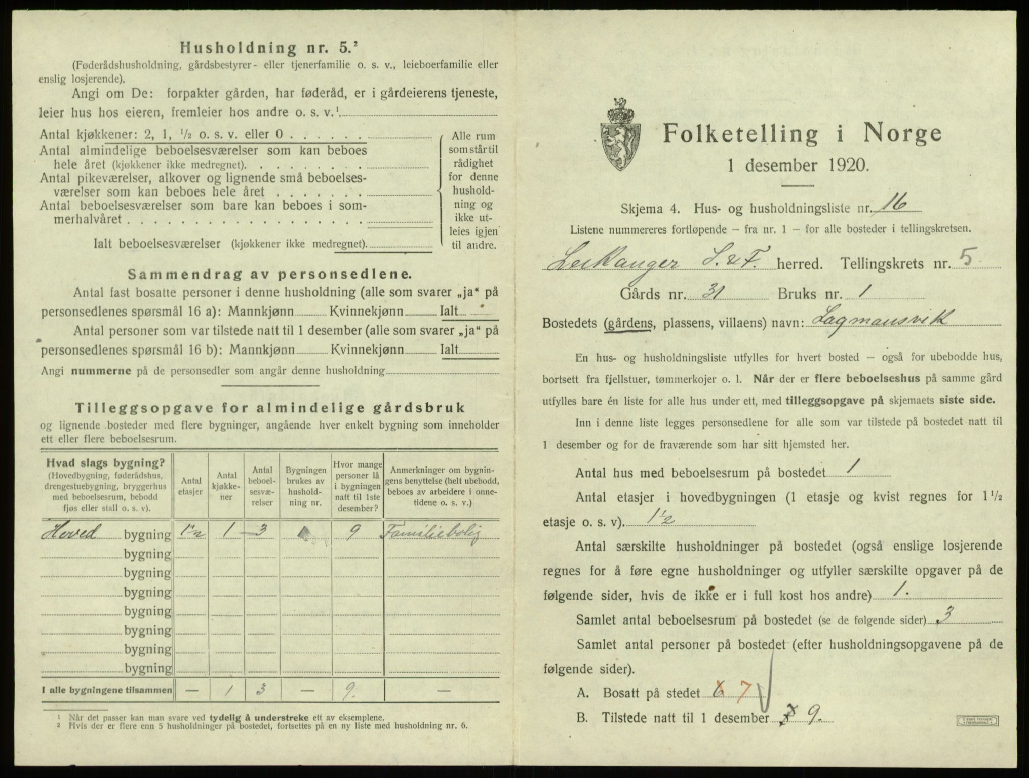 SAB, 1920 census for Leikanger, 1920, p. 552