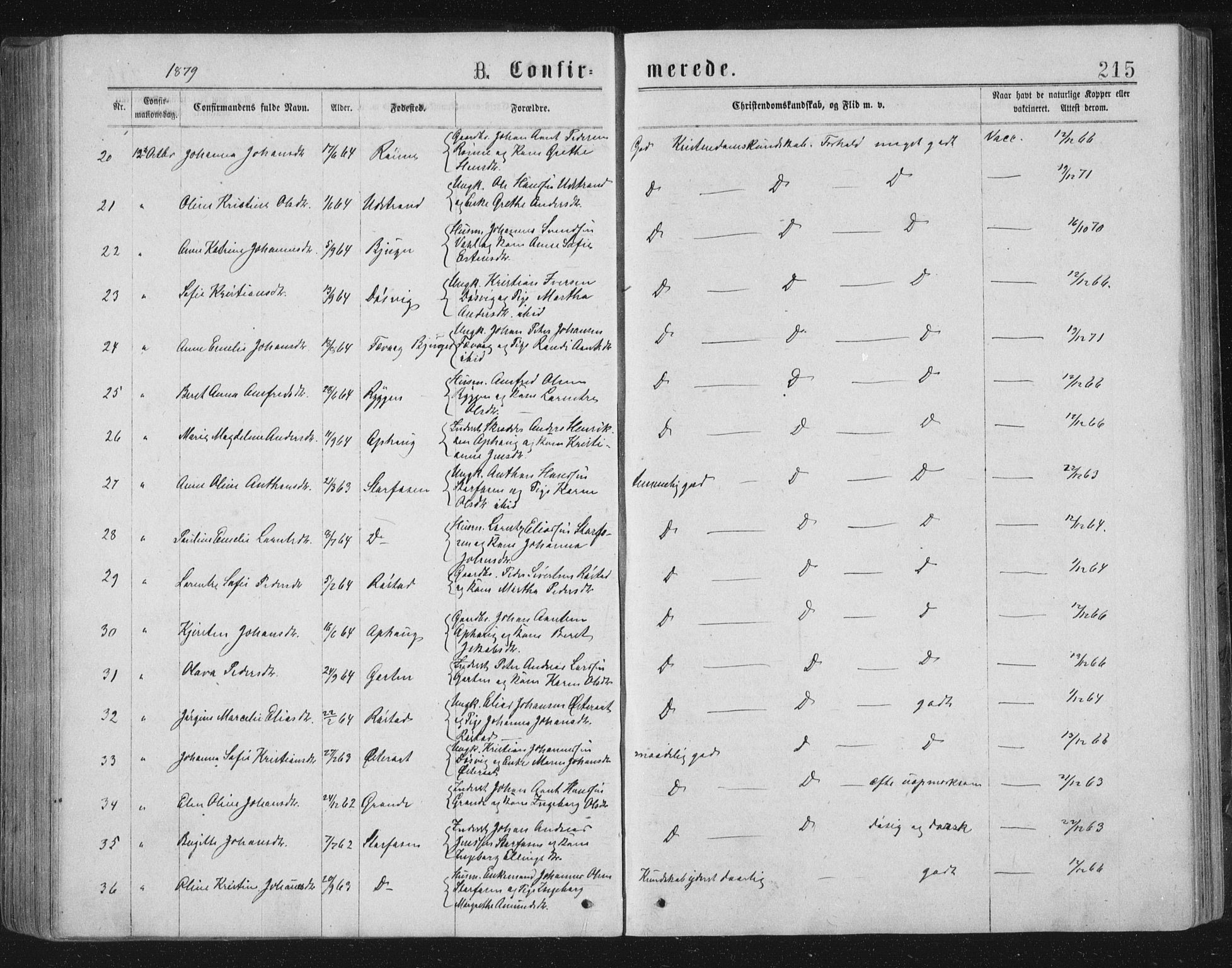 Ministerialprotokoller, klokkerbøker og fødselsregistre - Sør-Trøndelag, SAT/A-1456/659/L0745: Parish register (copy) no. 659C02, 1869-1892, p. 215