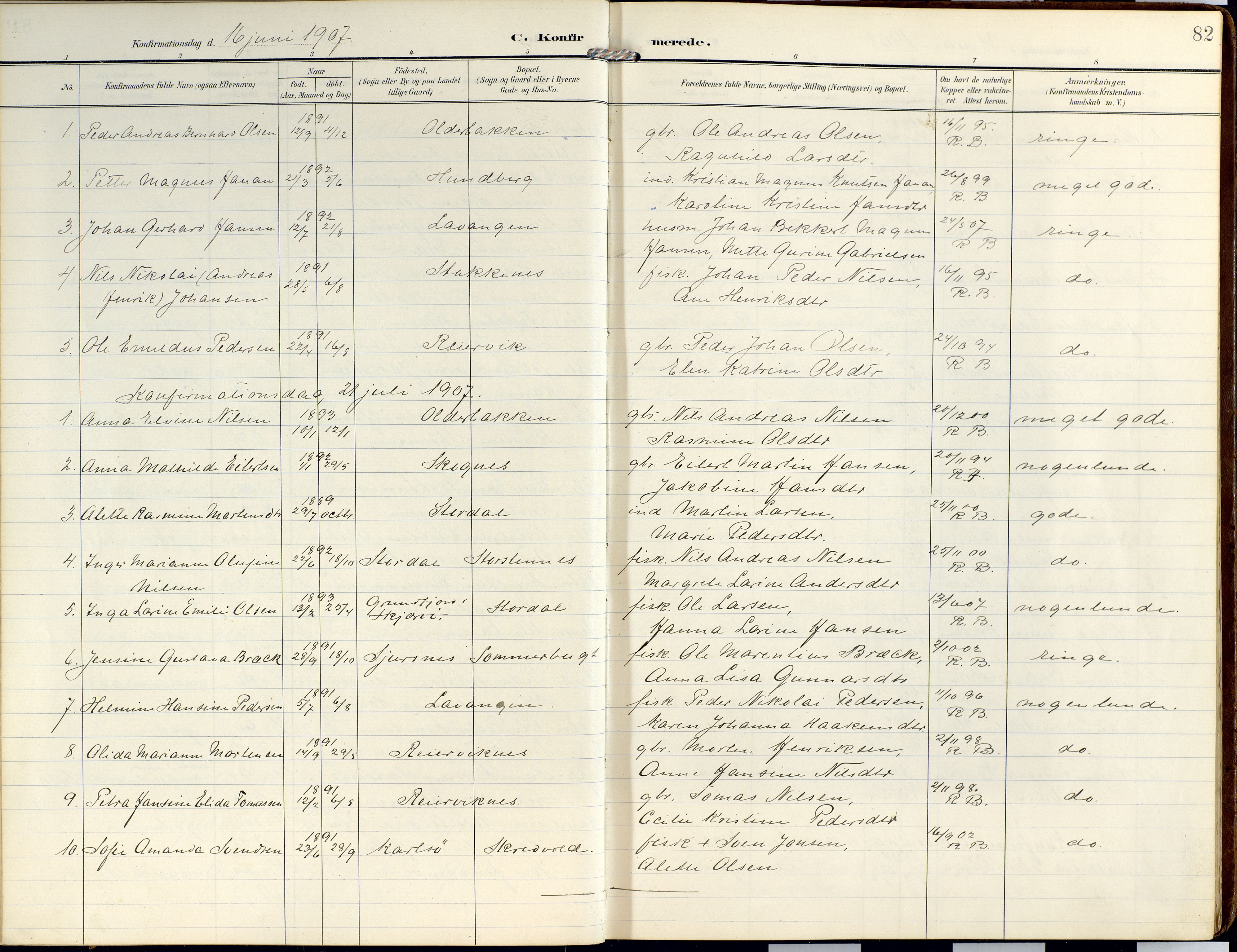 Lyngen sokneprestembete, SATØ/S-1289/H/He/Hea/L0014kirke: Parish register (official) no. 14, 1905-1920, p. 82