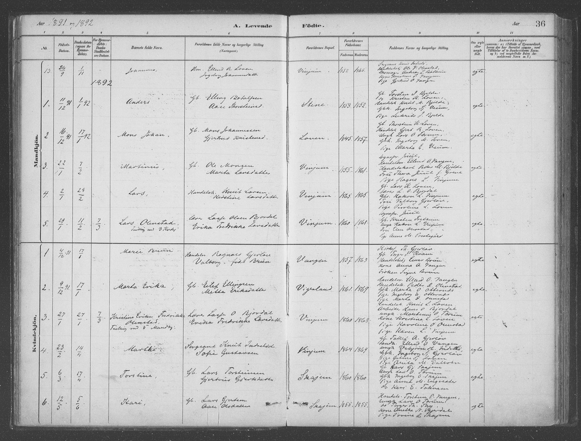 Aurland sokneprestembete, SAB/A-99937/H/Ha/Hab/L0001: Parish register (official) no. B  1, 1880-1909, p. 36