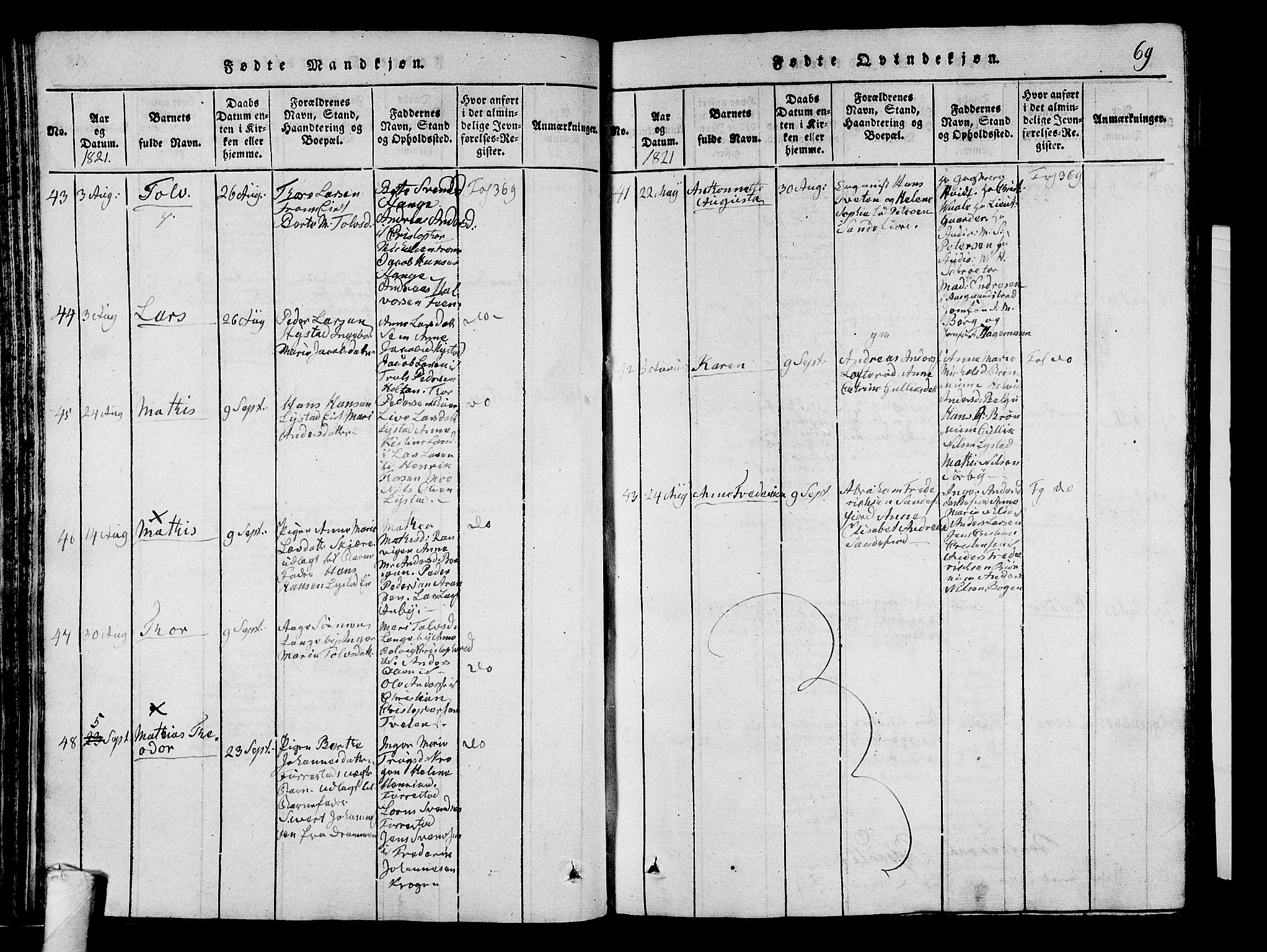 Sandar kirkebøker, SAKO/A-243/G/Ga/L0001: Parish register (copy) no. 1, 1814-1835, p. 69