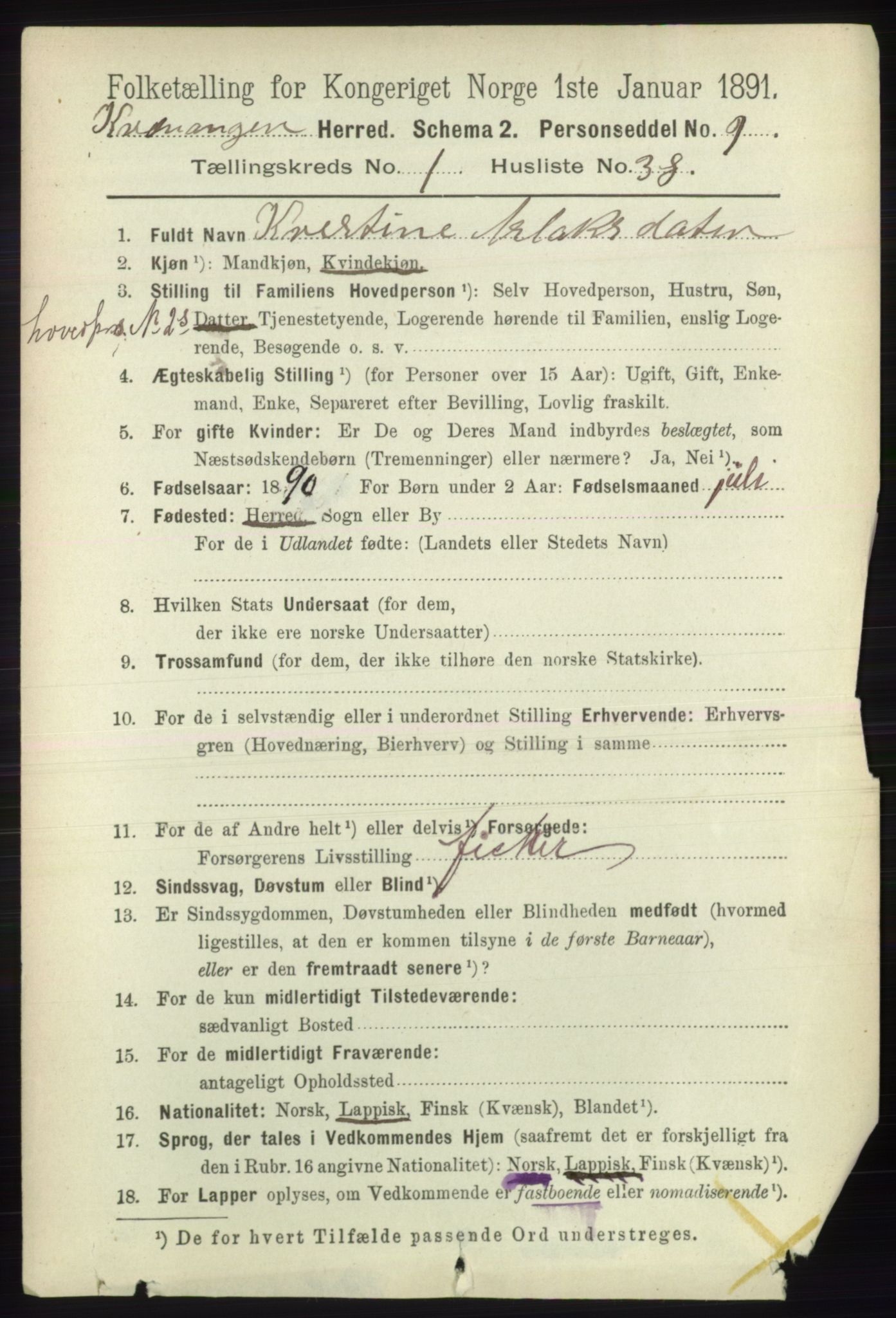 RA, 1891 census for 1943 Kvænangen, 1891, p. 322