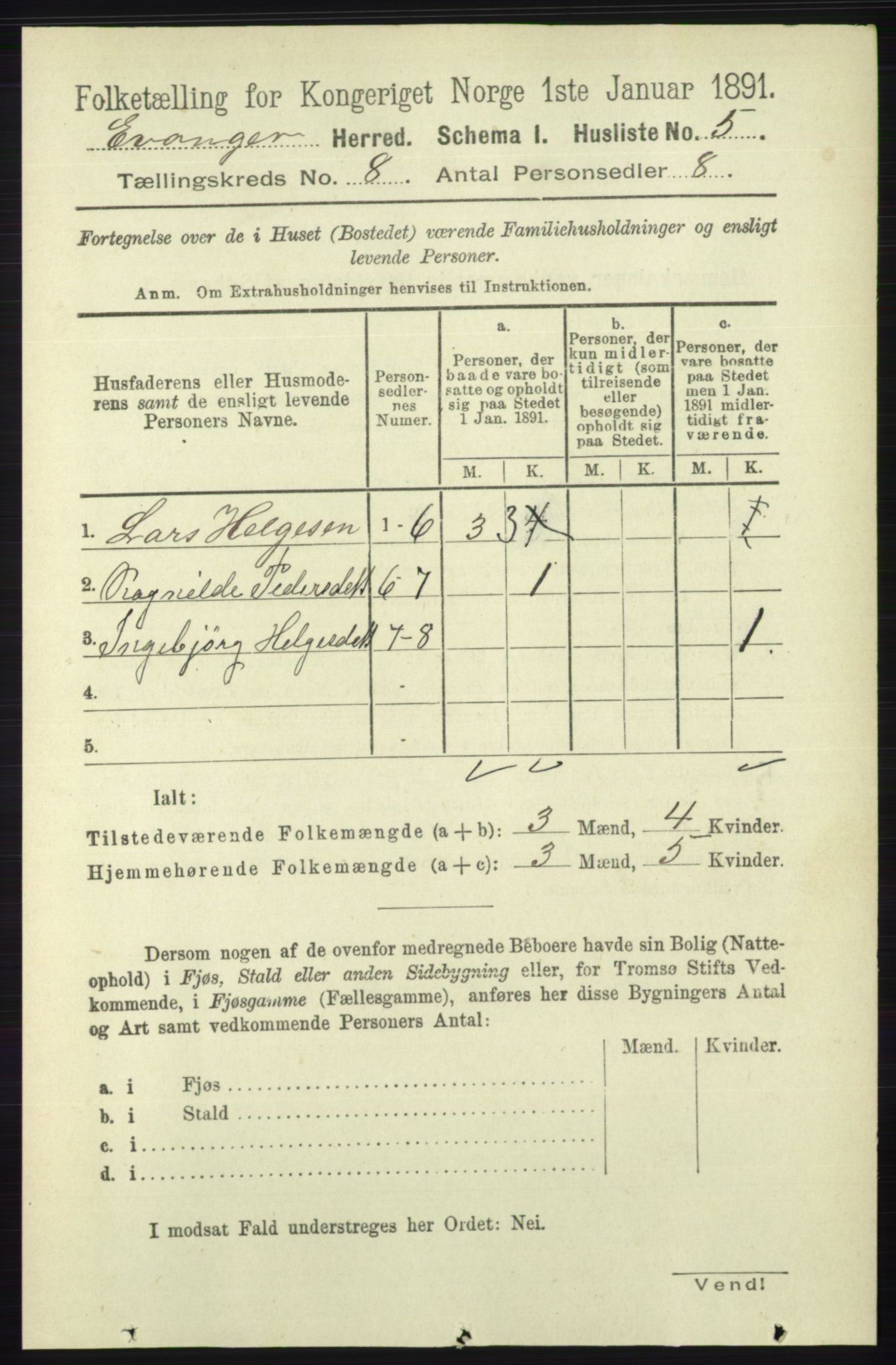 RA, 1891 census for 1237 Evanger, 1891, p. 2251