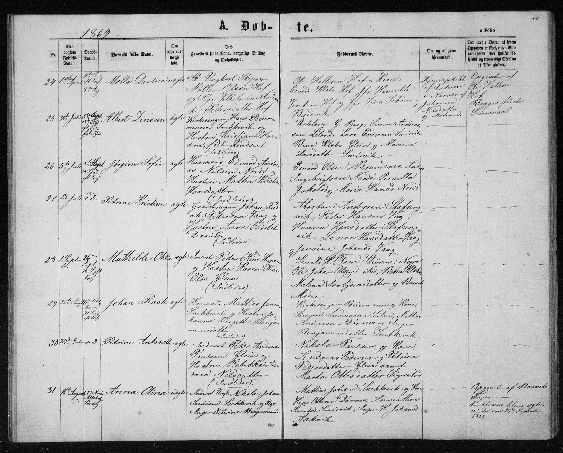 Ministerialprotokoller, klokkerbøker og fødselsregistre - Nordland, AV/SAT-A-1459/835/L0531: Parish register (copy) no. 835C03, 1865-1877, p. 20