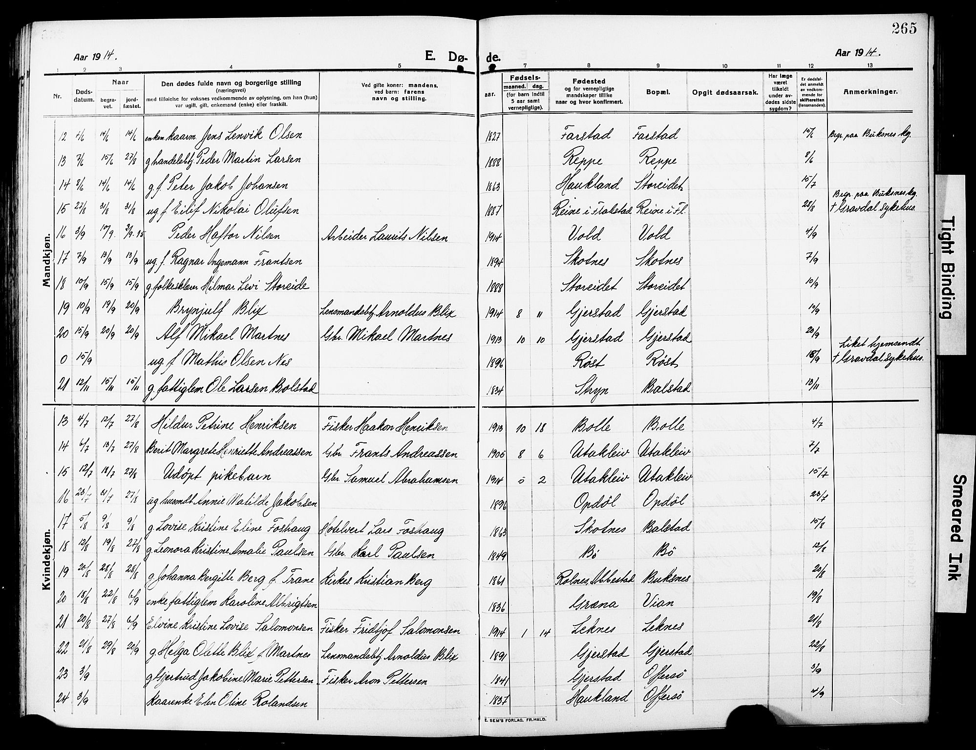 Ministerialprotokoller, klokkerbøker og fødselsregistre - Nordland, AV/SAT-A-1459/881/L1169: Parish register (copy) no. 881C06, 1912-1930, p. 265