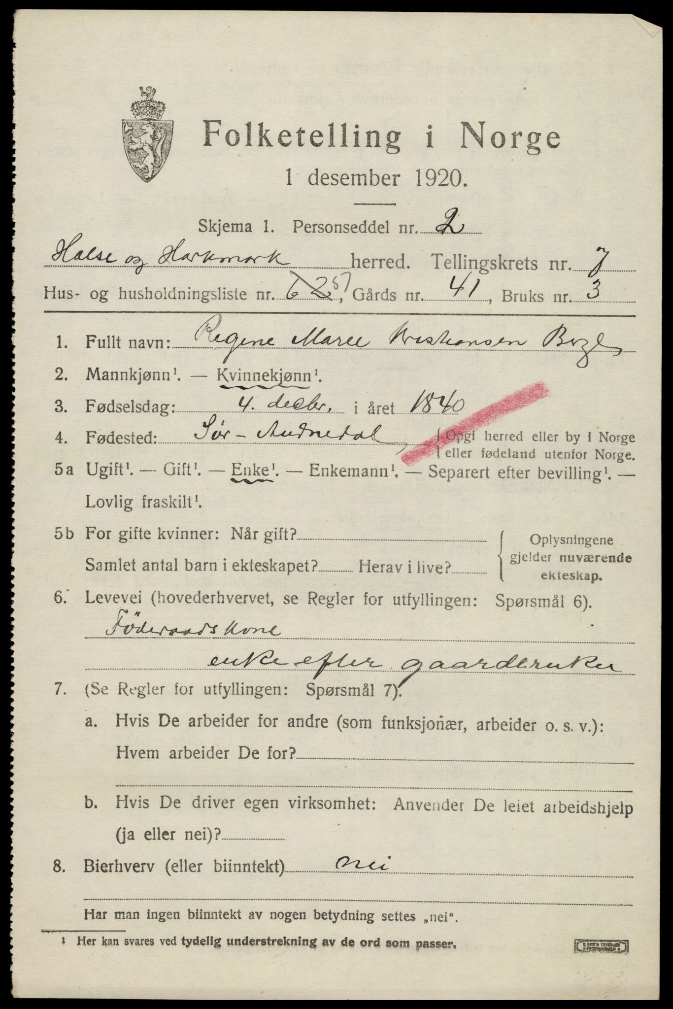 SAK, 1920 census for Halse og Harkmark, 1920, p. 4243