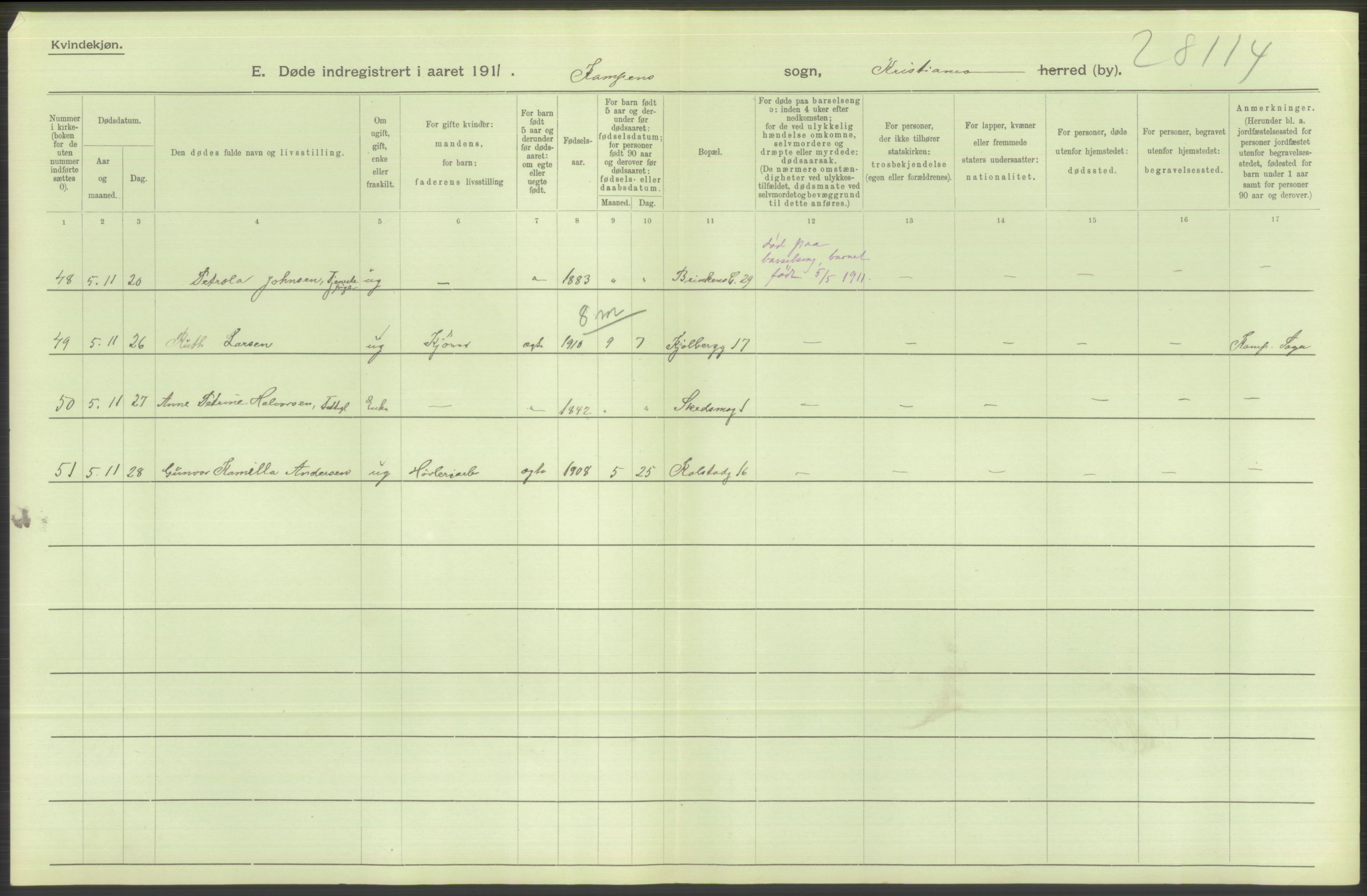 Statistisk sentralbyrå, Sosiodemografiske emner, Befolkning, AV/RA-S-2228/D/Df/Dfb/Dfba/L0010: Kristiania: Døde kvinner samt dødfødte., 1911, p. 212