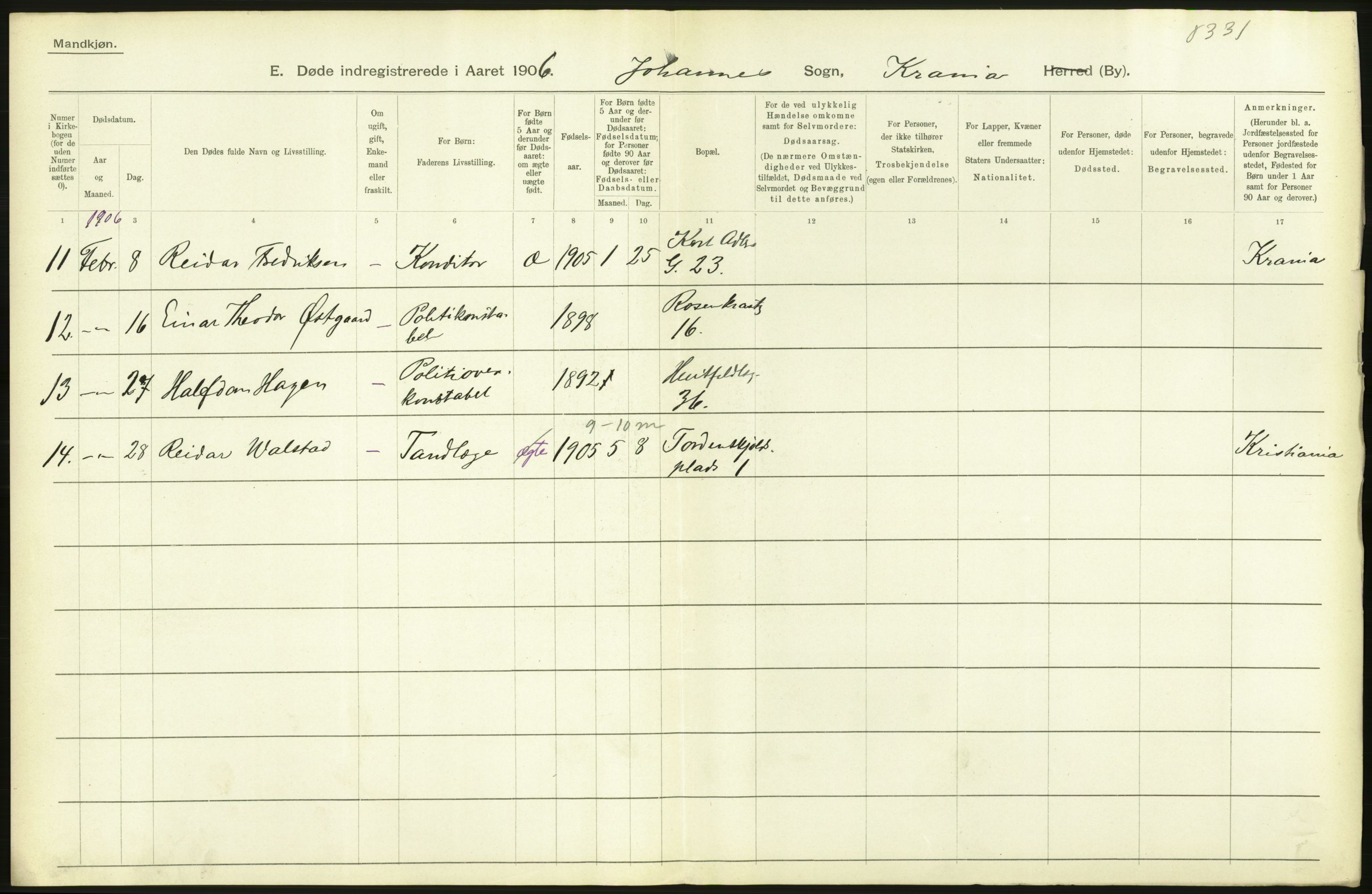 Statistisk sentralbyrå, Sosiodemografiske emner, Befolkning, RA/S-2228/D/Df/Dfa/Dfad/L0010: Kristiania: Døde, dødfødte, 1906, p. 436