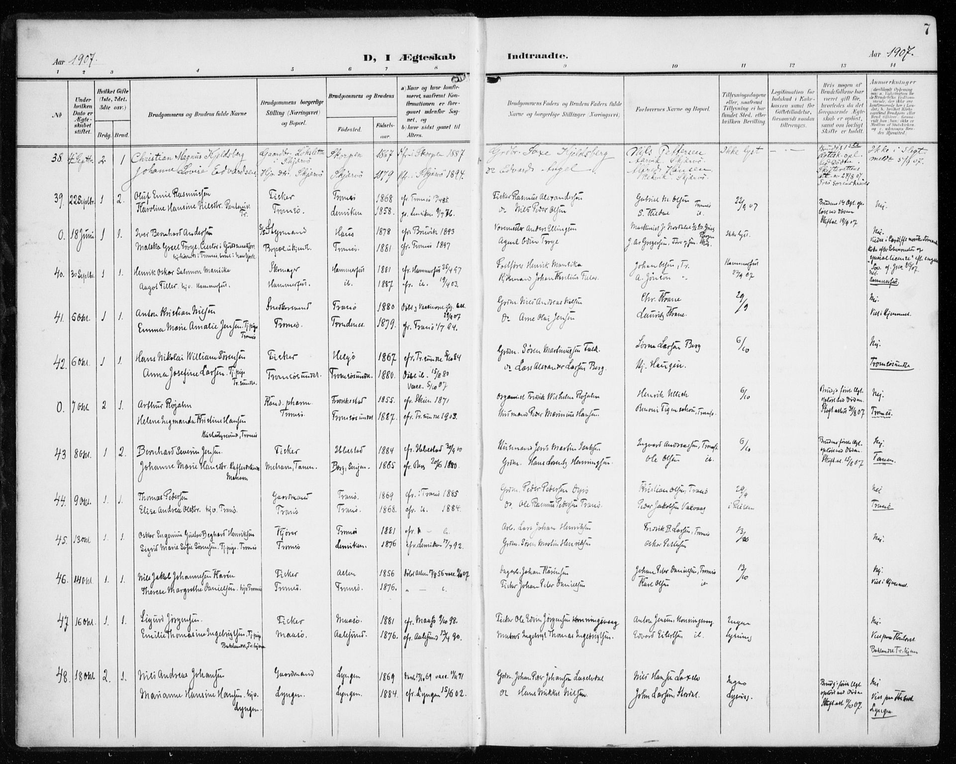 Tromsø sokneprestkontor/stiftsprosti/domprosti, AV/SATØ-S-1343/G/Ga/L0018kirke: Parish register (official) no. 18, 1907-1917, p. 7