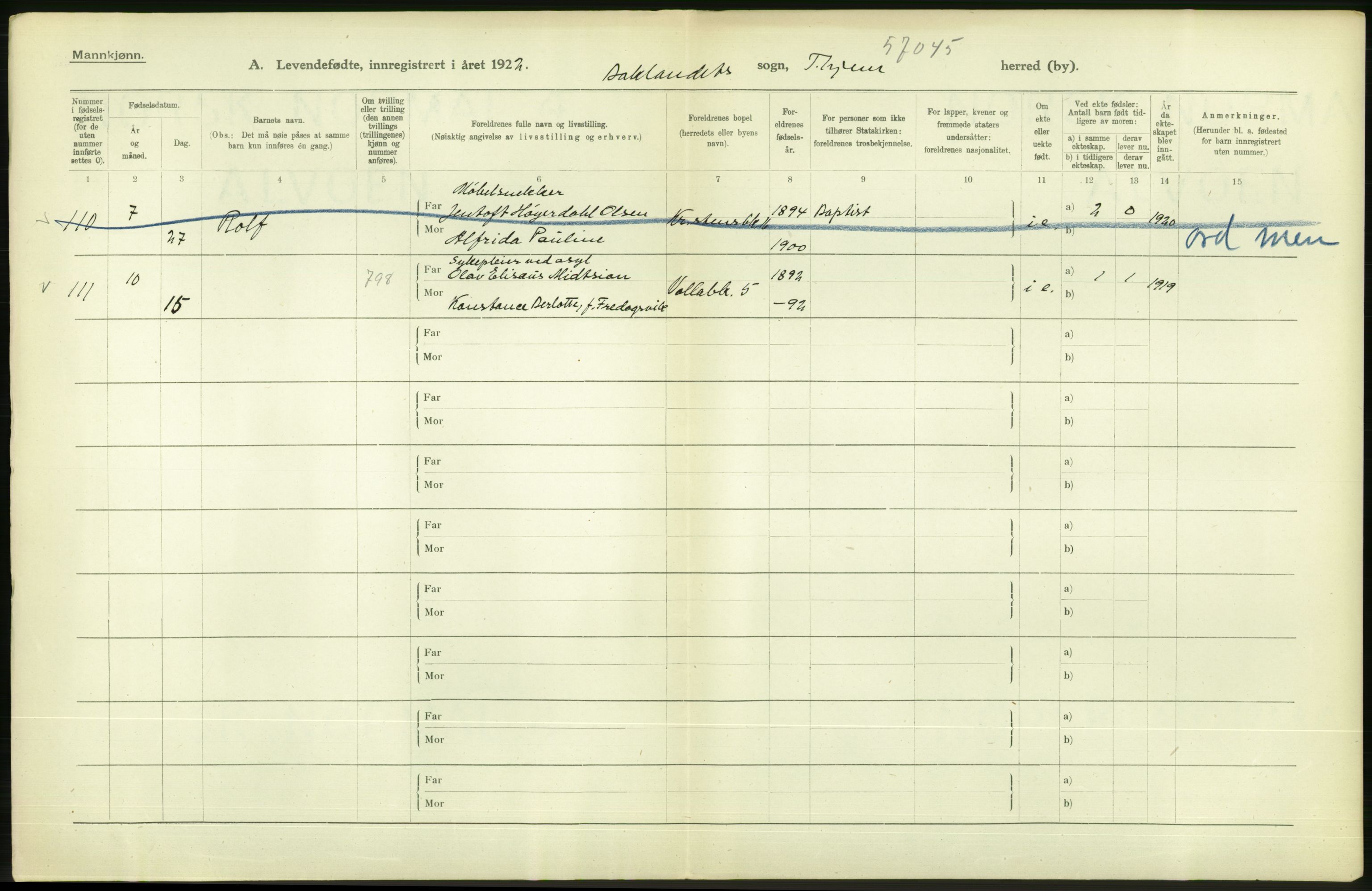 Statistisk sentralbyrå, Sosiodemografiske emner, Befolkning, AV/RA-S-2228/D/Df/Dfc/Dfcb/L0039: Trondheim: Levendefødte menn og kvinner., 1922, p. 56