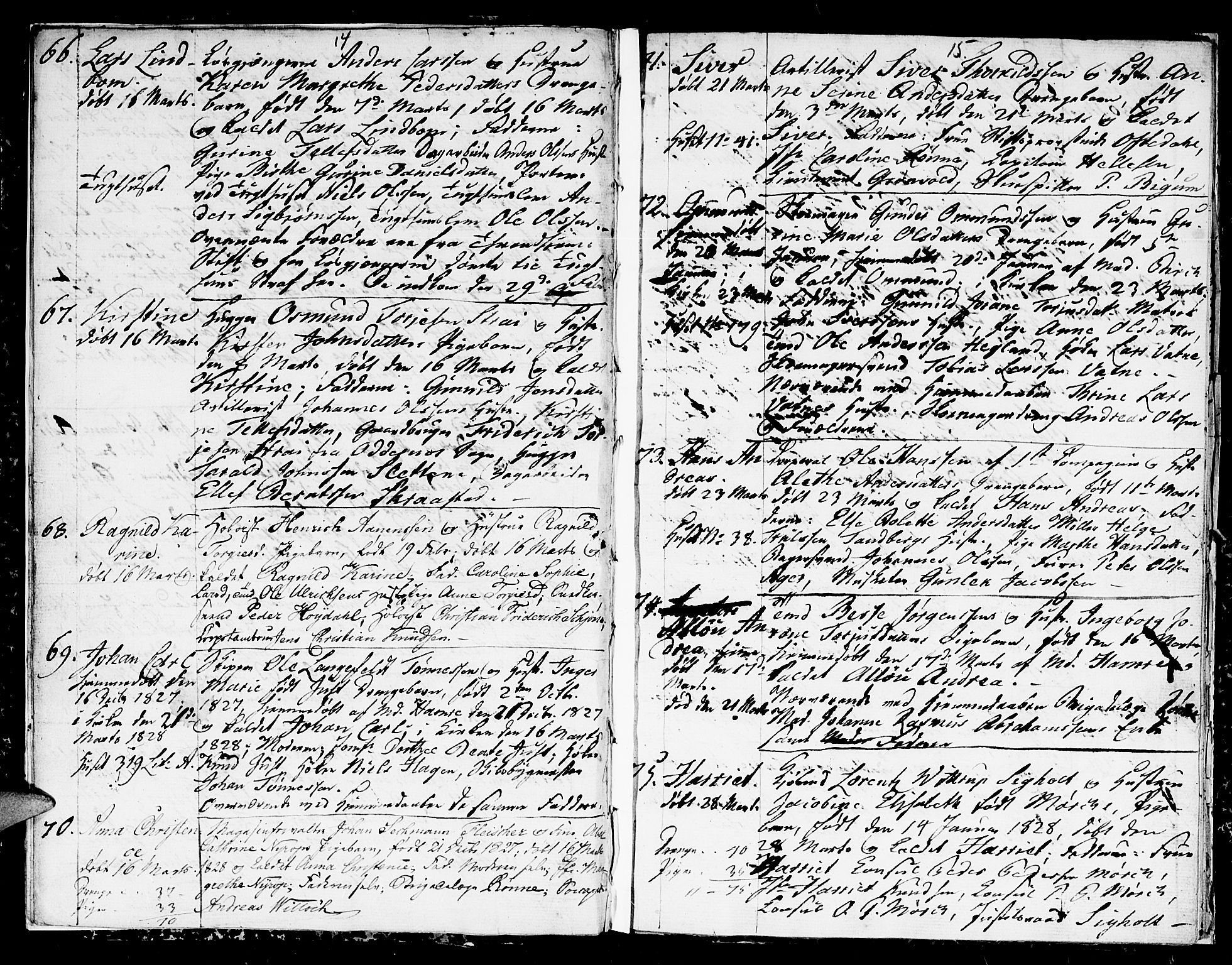 Kristiansand domprosti, AV/SAK-1112-0006/F/Fb/L0005: Parish register (copy) no. B 5, 1827-1828, p. 14-15