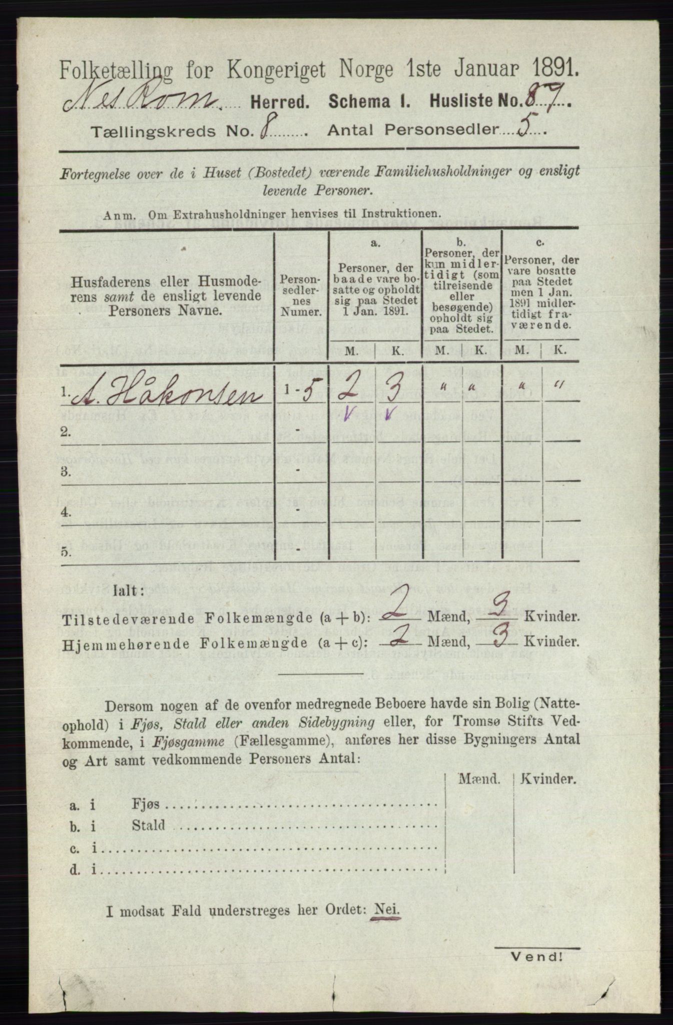RA, 1891 census for 0236 Nes, 1891, p. 4567