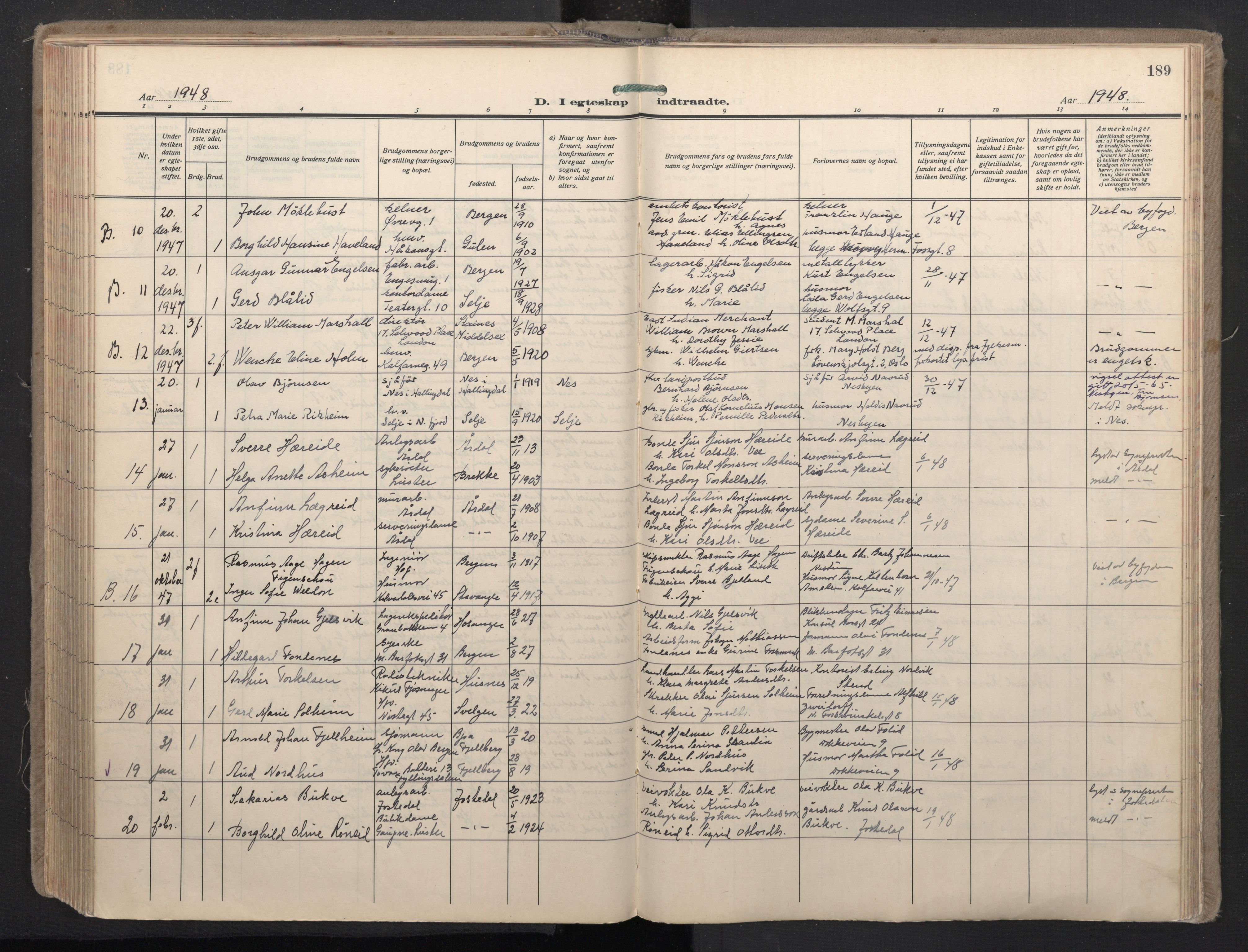 Domkirken sokneprestembete, SAB/A-74801/H/Haa: Parish register (official) no. D 7, 1937-1950, p. 188b-189a