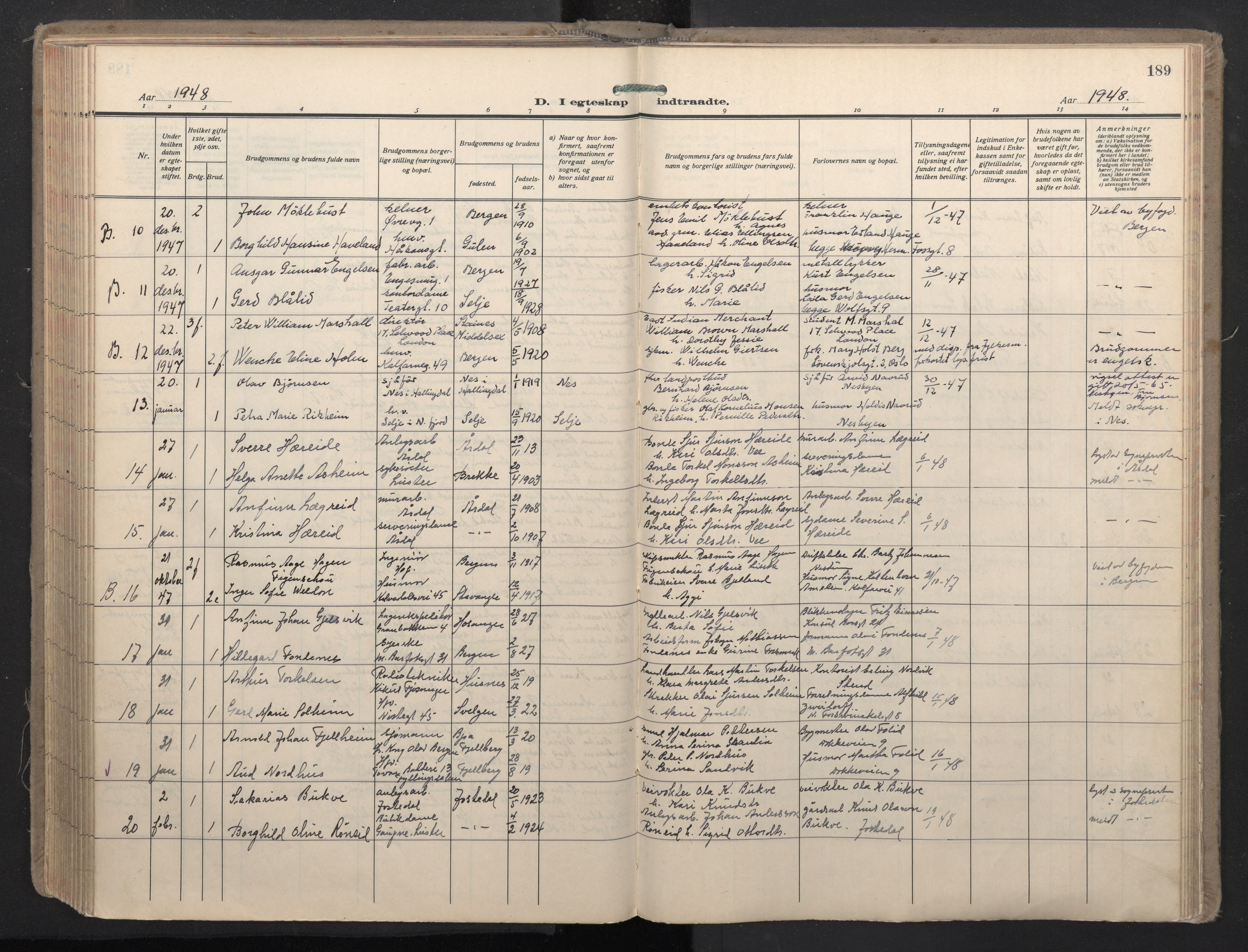 Domkirken sokneprestembete, AV/SAB-A-74801/H/Haa: Parish register (official) no. D 7, 1937-1950, p. 188b-189a