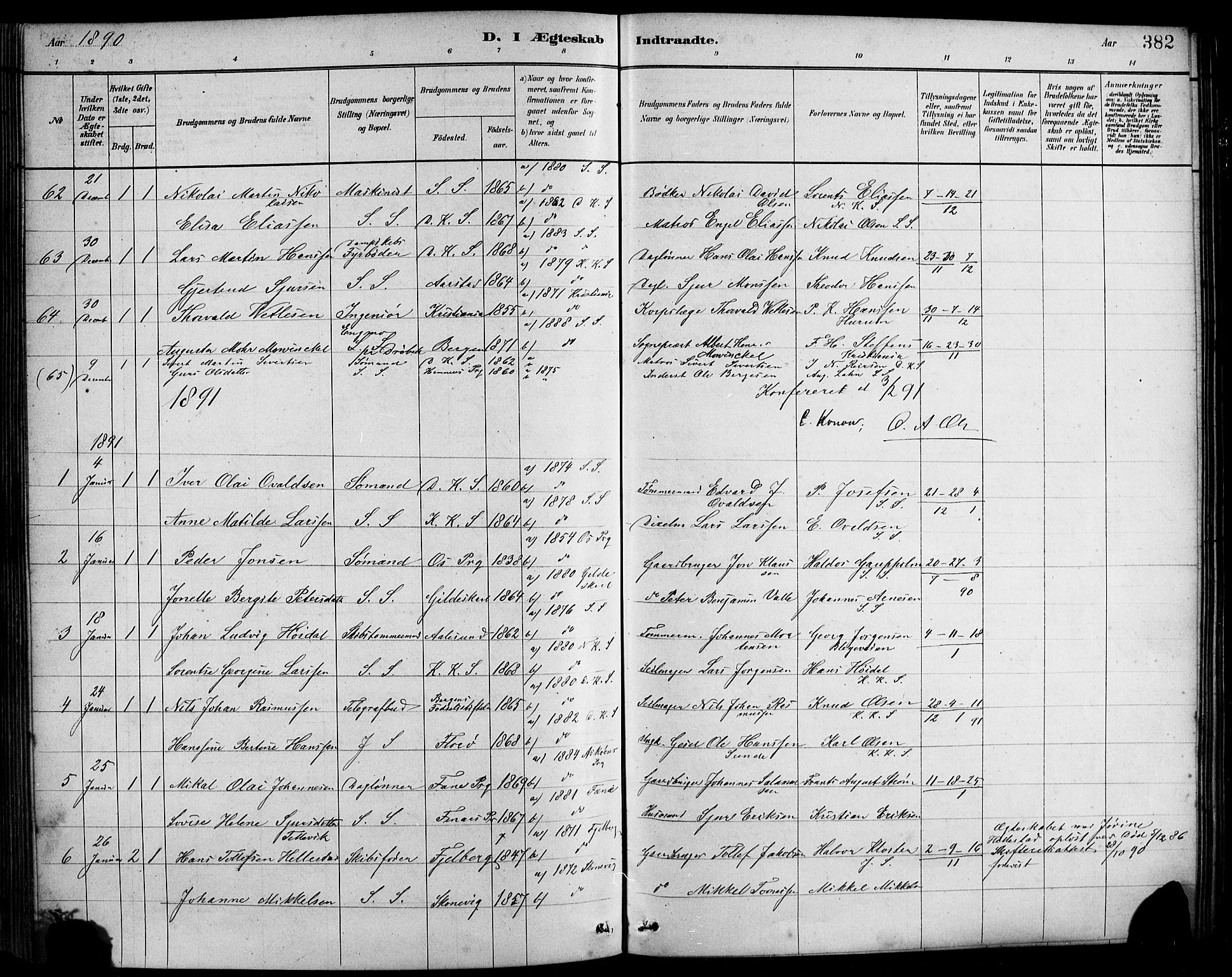 Sandviken Sokneprestembete, SAB/A-77601/H/Hb/L0001: Parish register (copy) no. A 2, 1879-1892, p. 382