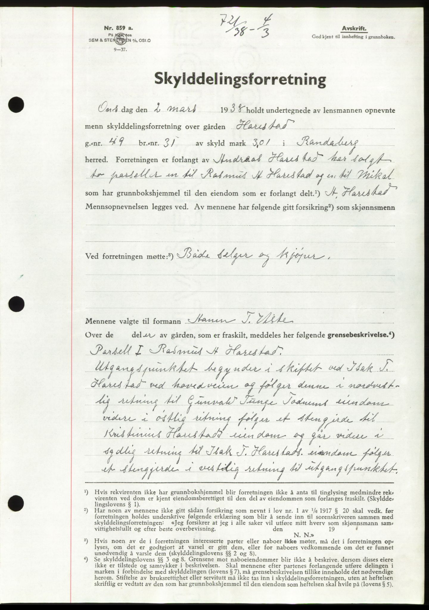 Jæren sorenskriveri, SAST/A-100310/03/G/Gba/L0070: Mortgage book, 1938-1938, Diary no: : 721/1938