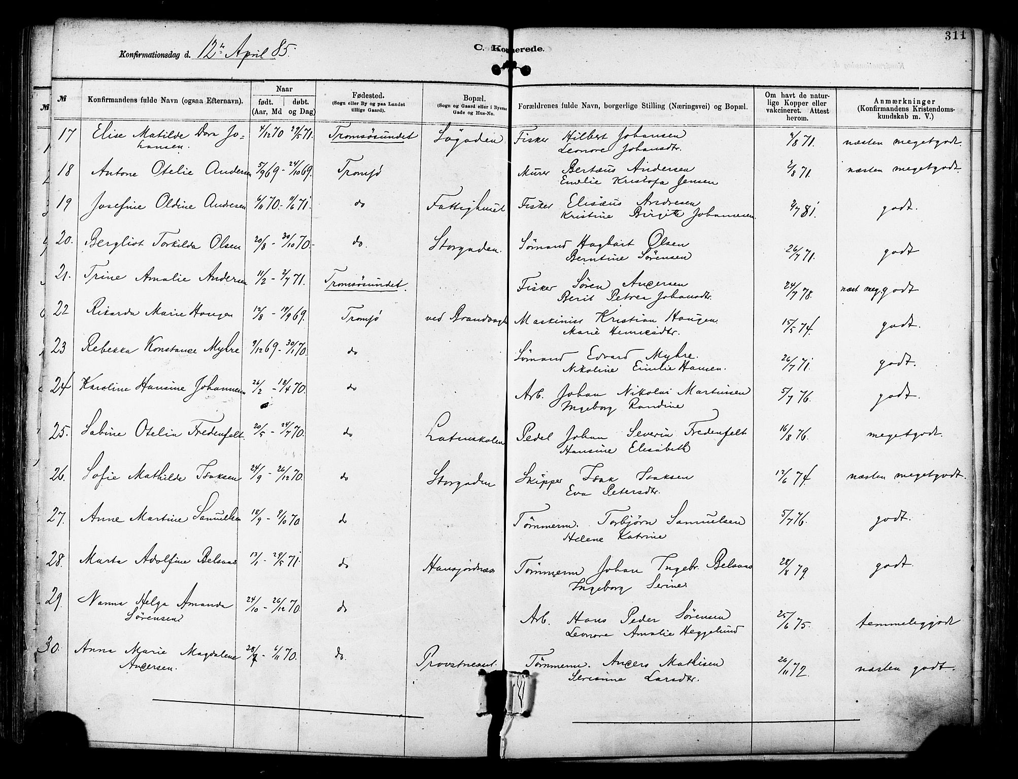 Tromsø sokneprestkontor/stiftsprosti/domprosti, SATØ/S-1343/G/Ga/L0014kirke: Parish register (official) no. 14, 1878-1888, p. 311