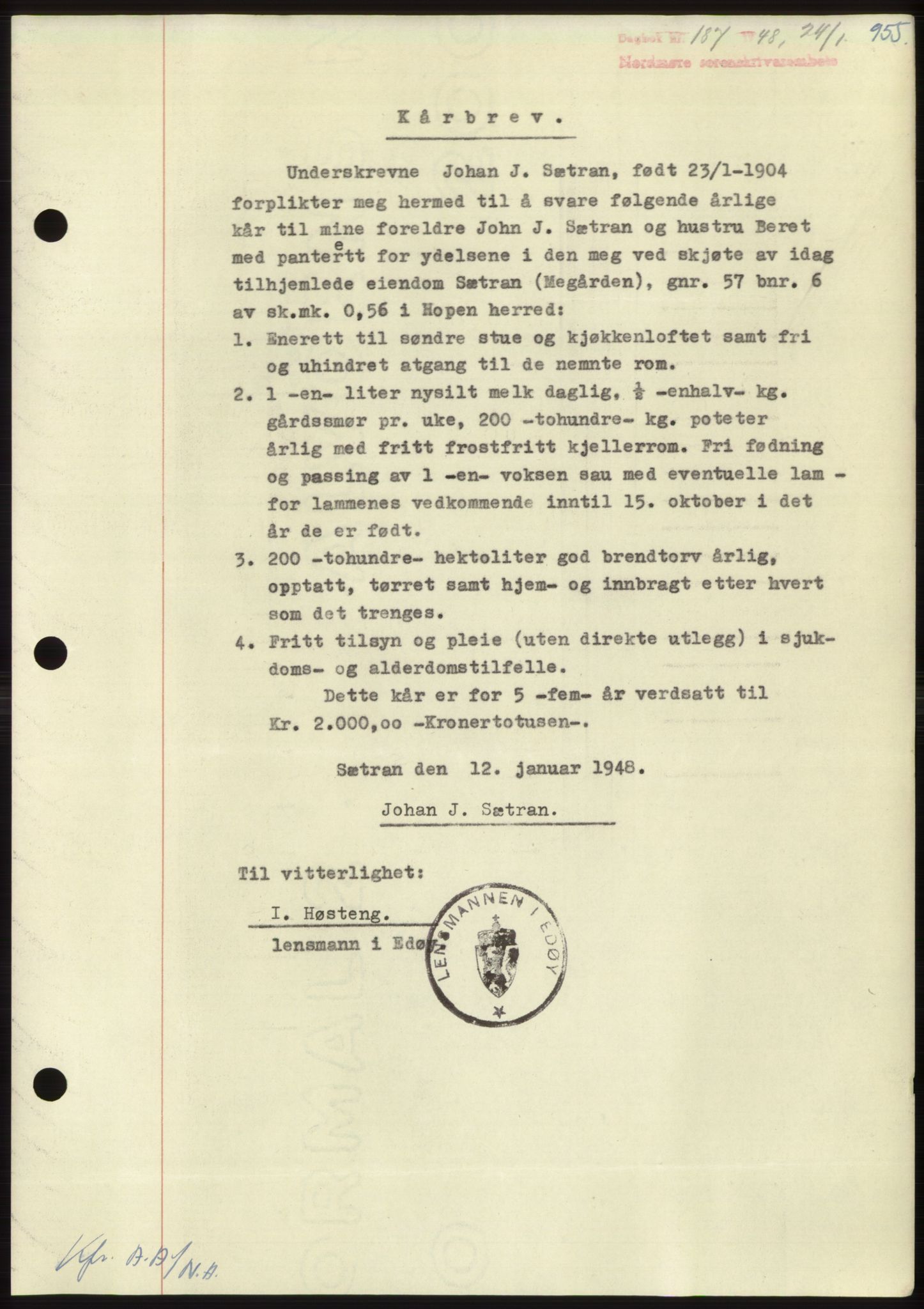 Nordmøre sorenskriveri, AV/SAT-A-4132/1/2/2Ca: Mortgage book no. B97, 1947-1948, Diary no: : 187/1948