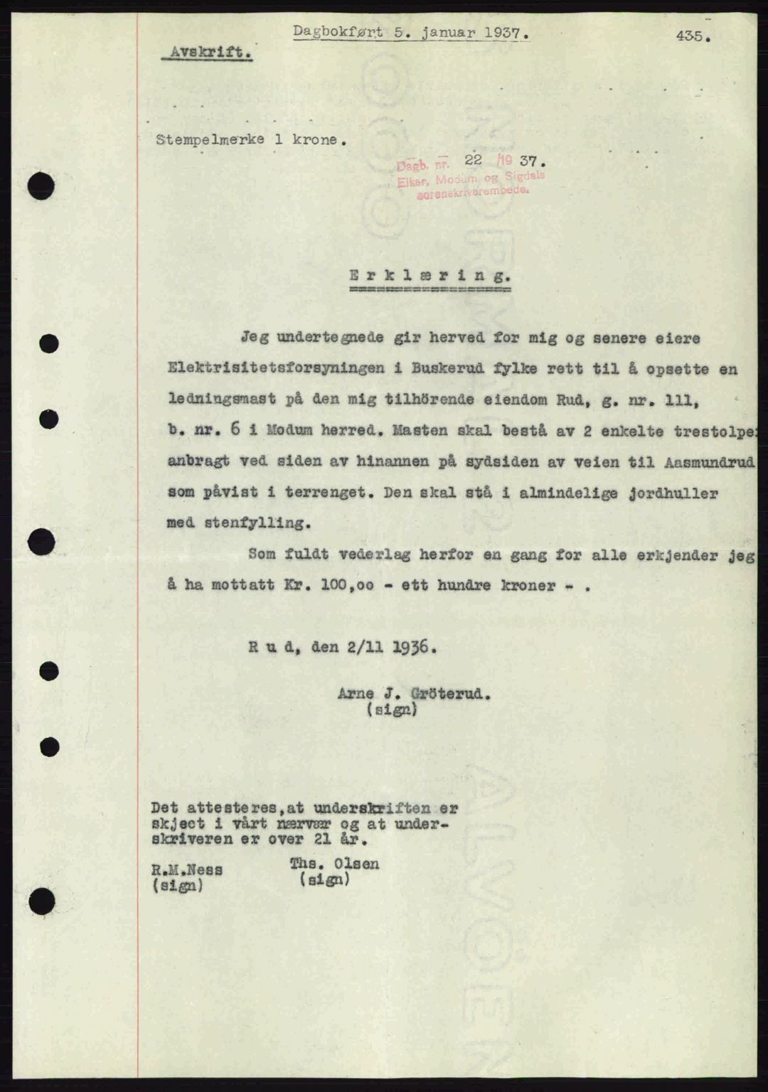Eiker, Modum og Sigdal sorenskriveri, SAKO/A-123/G/Ga/Gab/L0034: Mortgage book no. A4, 1936-1937, Diary no: : 22/1937