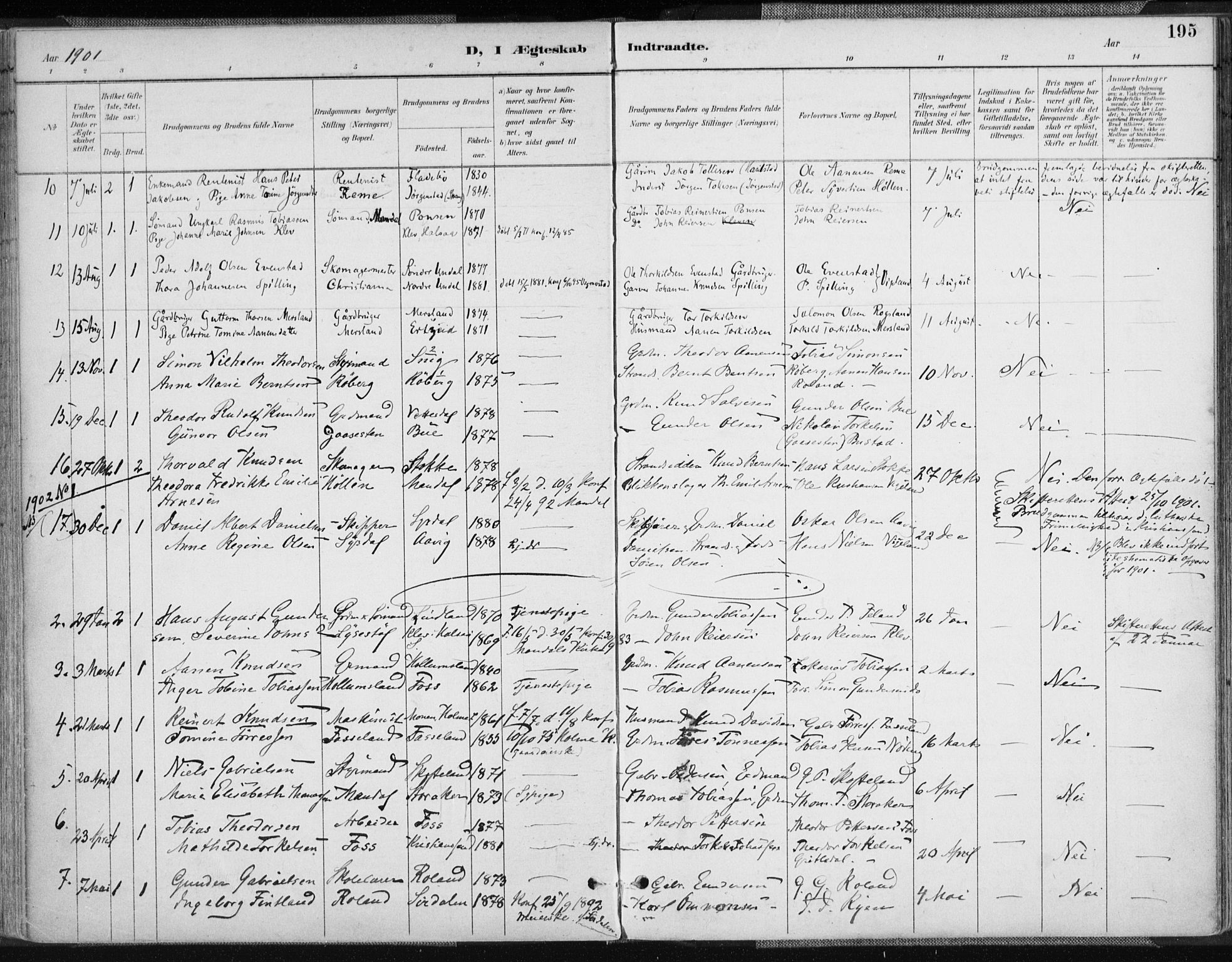 Sør-Audnedal sokneprestkontor, AV/SAK-1111-0039/F/Fa/Fab/L0010: Parish register (official) no. A 10, 1892-1913, p. 195