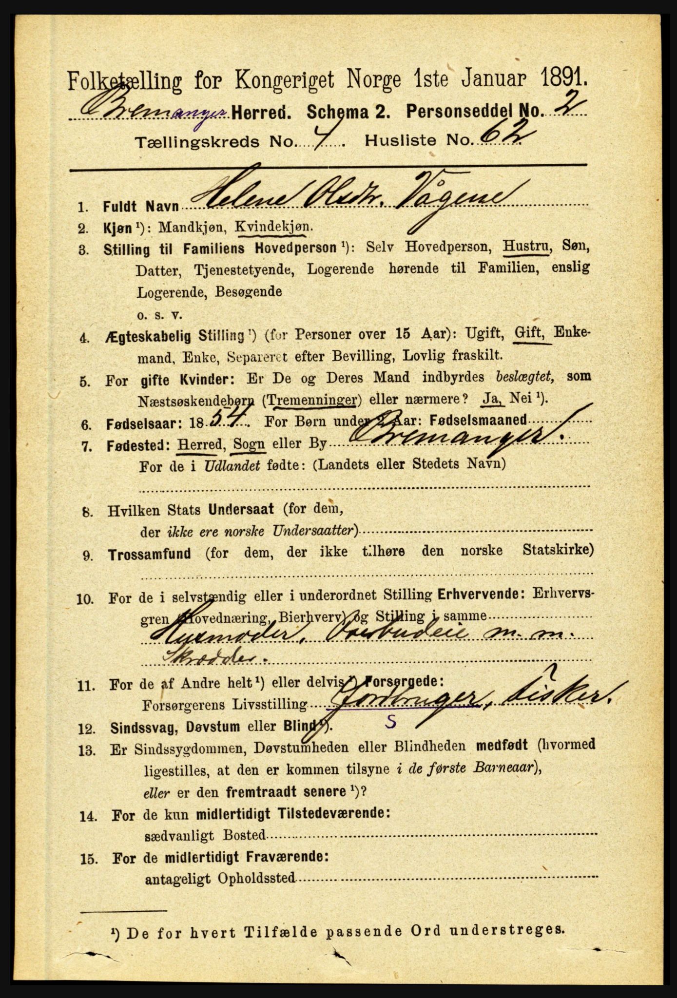 RA, 1891 census for 1438 Bremanger, 1891, p. 1892