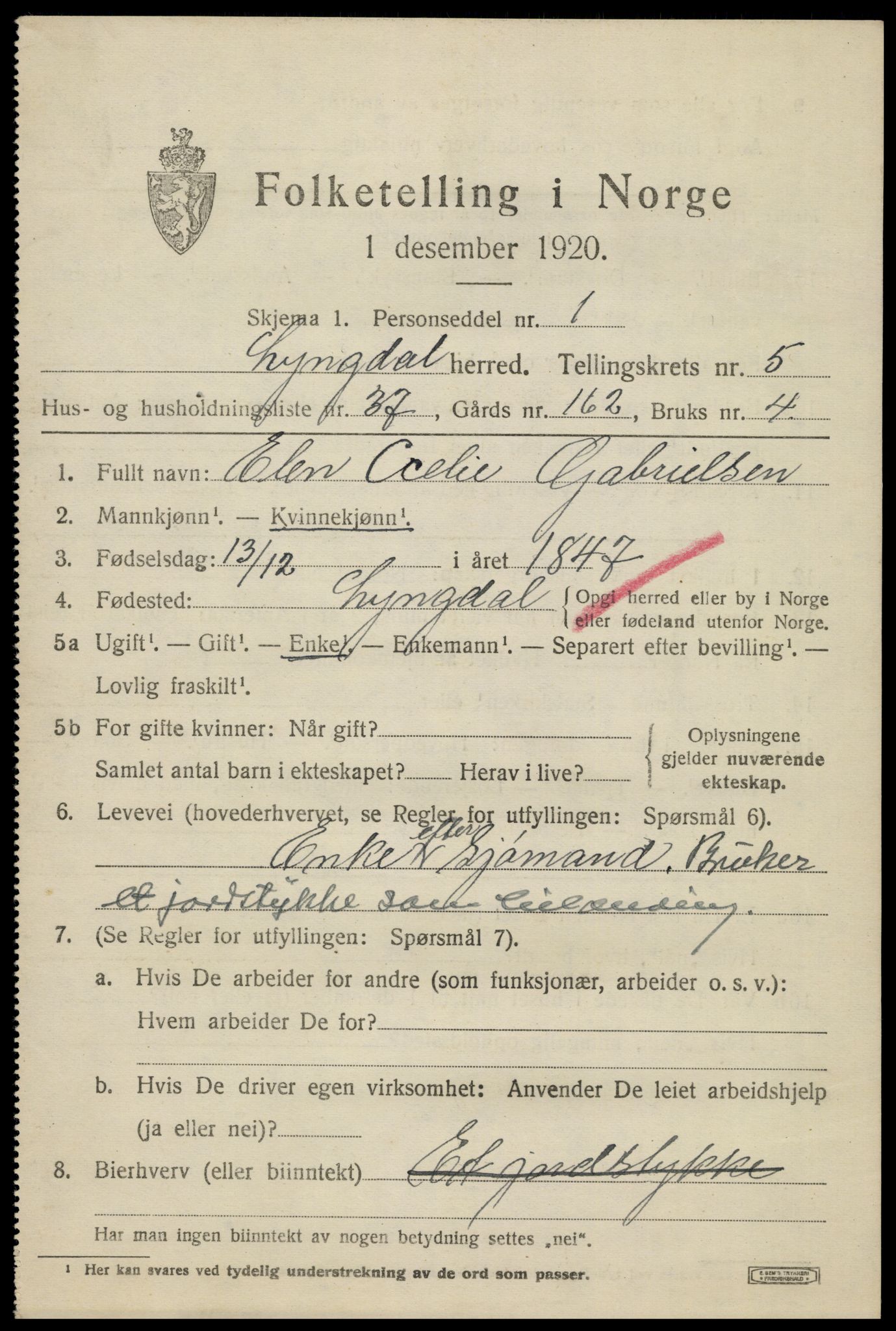 SAK, 1920 census for Lyngdal, 1920, p. 3331