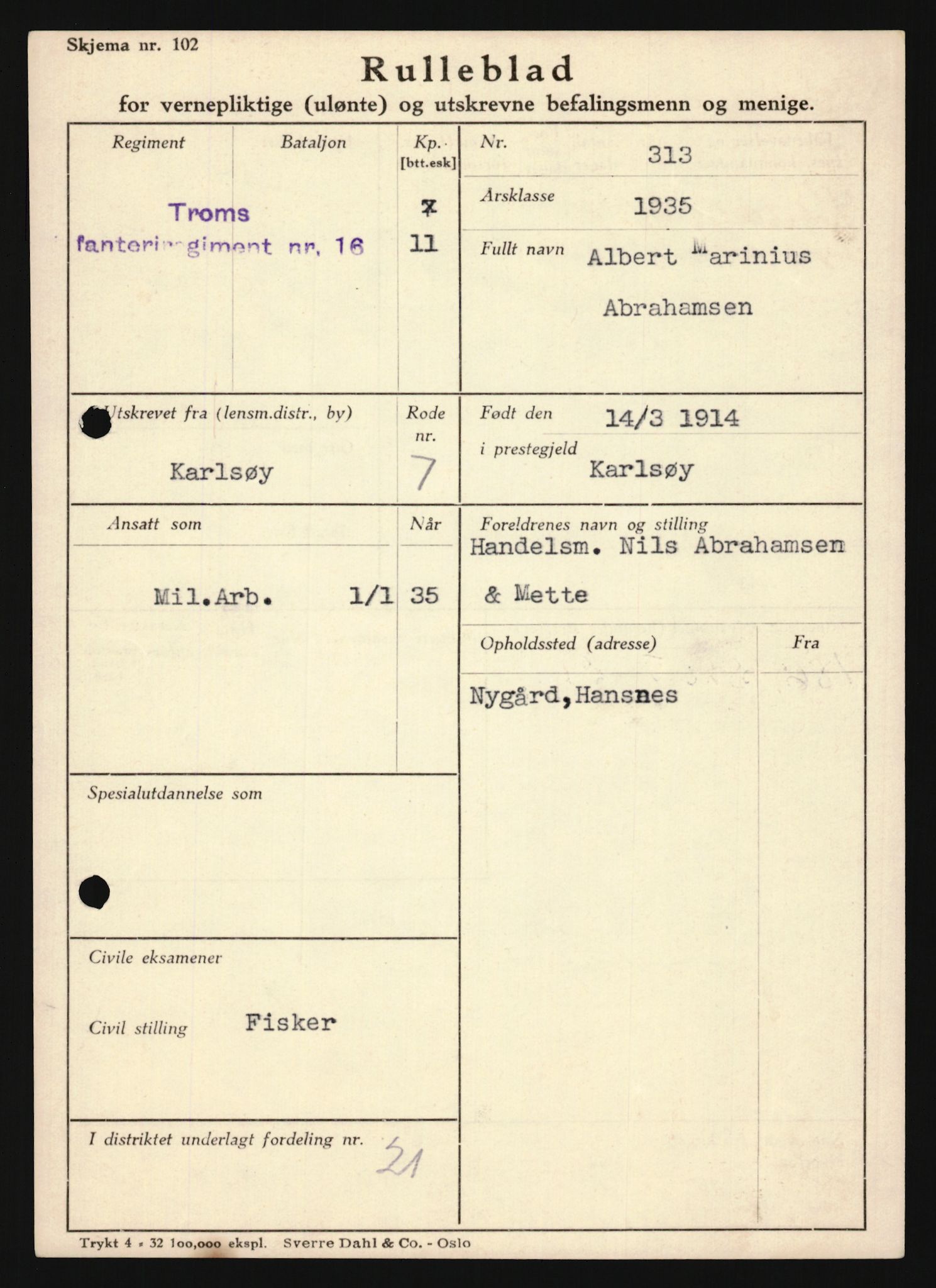 Forsvaret, Troms infanteriregiment nr. 16, AV/RA-RAFA-3146/P/Pa/L0019: Rulleblad for regimentets menige mannskaper, årsklasse 1935, 1935, p. 3