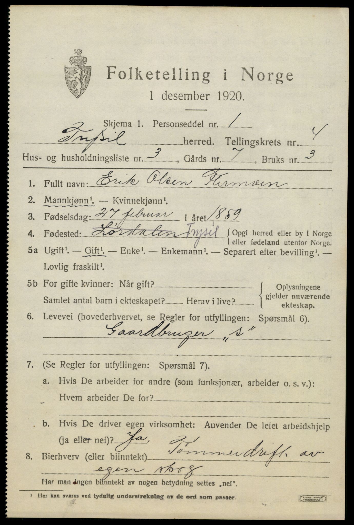 SAH, 1920 census for Trysil, 1920, p. 4103