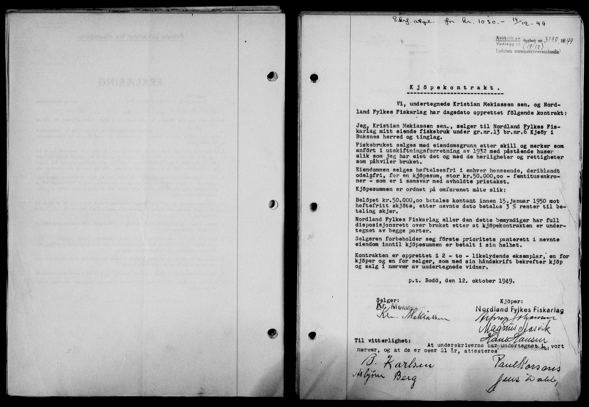 Lofoten sorenskriveri, SAT/A-0017/1/2/2C/L0022a: Mortgage book no. 22a, 1949-1950, Diary no: : 3198/1949