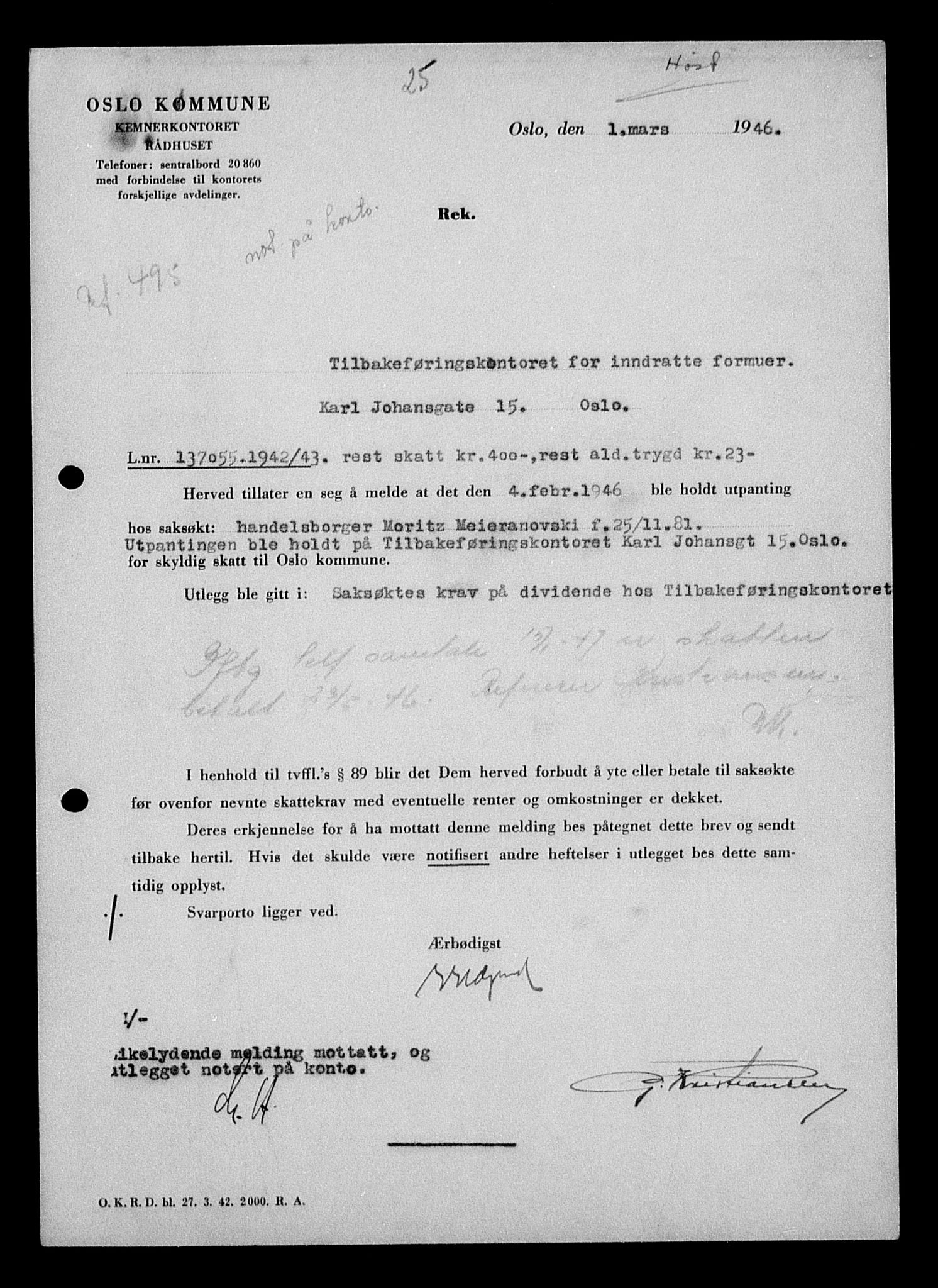 Justisdepartementet, Tilbakeføringskontoret for inndratte formuer, AV/RA-S-1564/H/Hc/Hcc/L0963: --, 1945-1947, p. 148