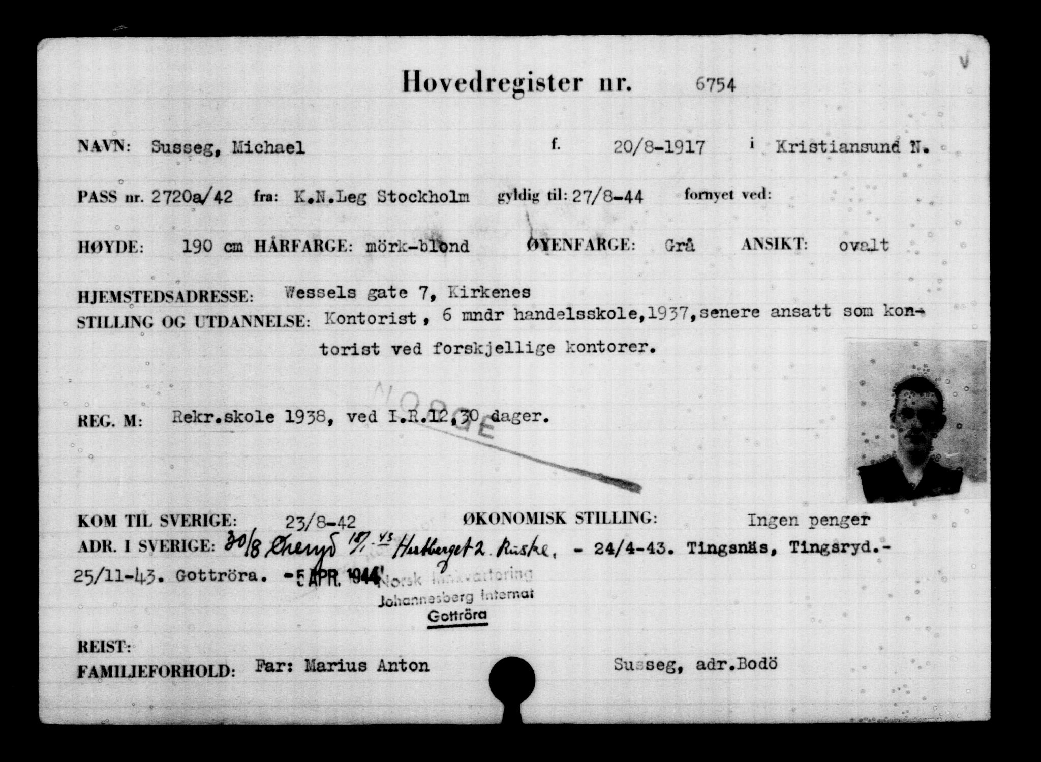 Utenriksstasjonene, Legasjonen i Stockholm, Flyktningkontoret, AV/RA-S-6753/V/Va/L0005: Kjesäterkartoteket, flyktninger med registreringsnr. 6600-9417, 1940-1945, p. 187