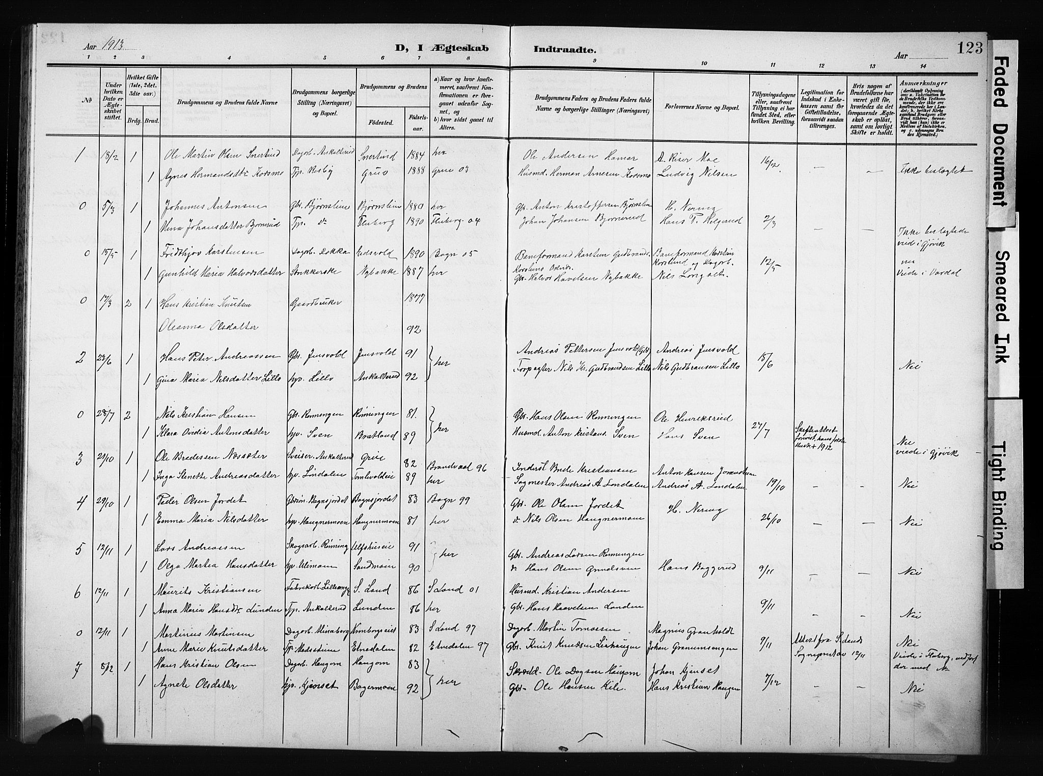 Nordre Land prestekontor, SAH/PREST-124/H/Ha/Hab/L0006: Parish register (copy) no. 6, 1905-1929, p. 123