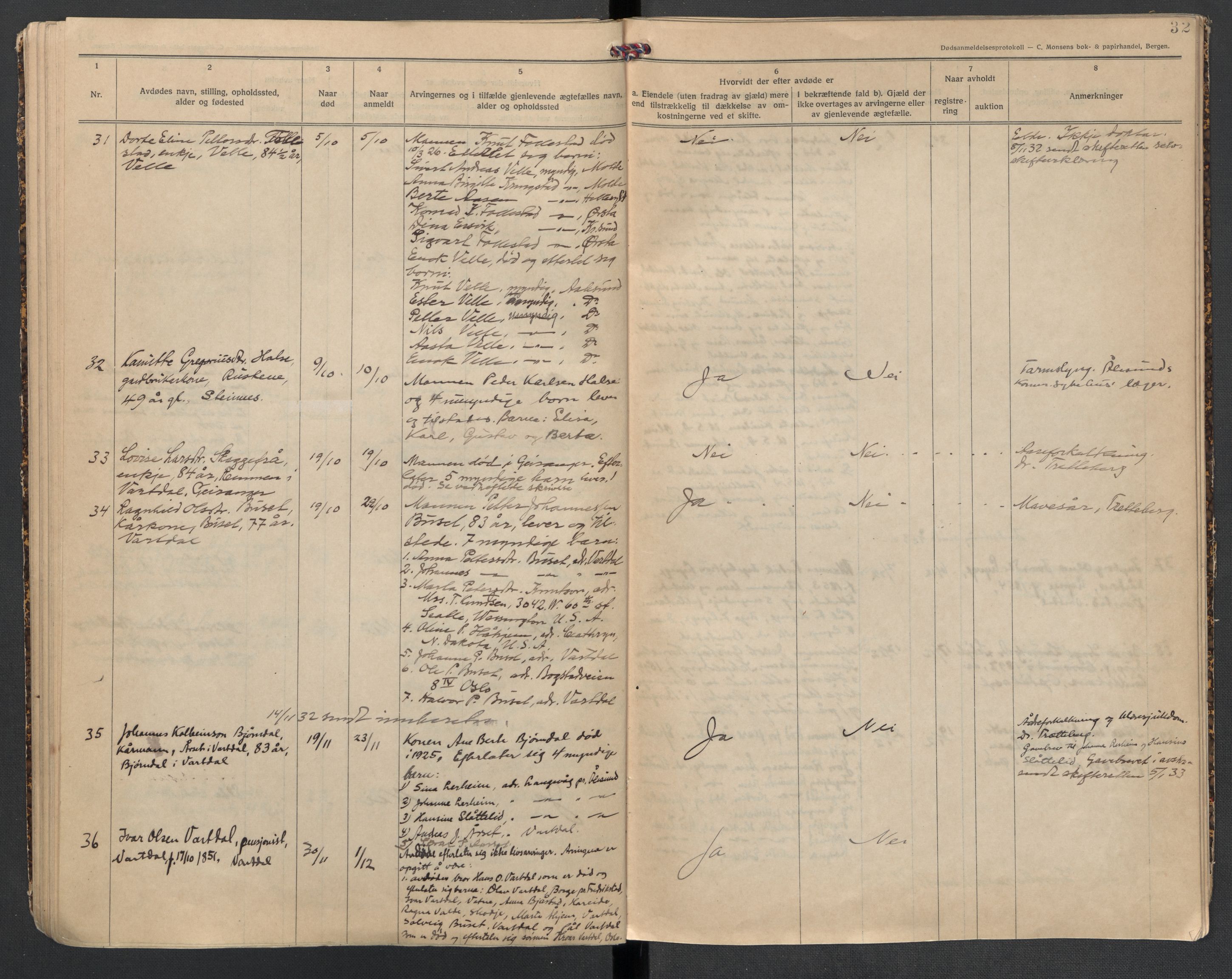 Ørsta lensmannskontor, AV/SAT-A-5670/1/02/L0002: 2.1.02 - Dødsfallsprotokoll, 1924-1933, p. 32