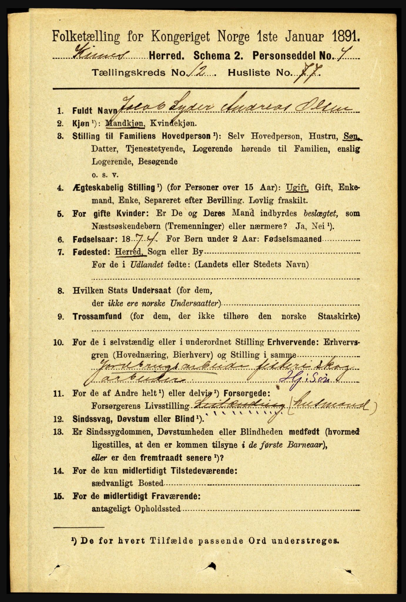 RA, 1891 census for 1437 Kinn, 1891, p. 4993