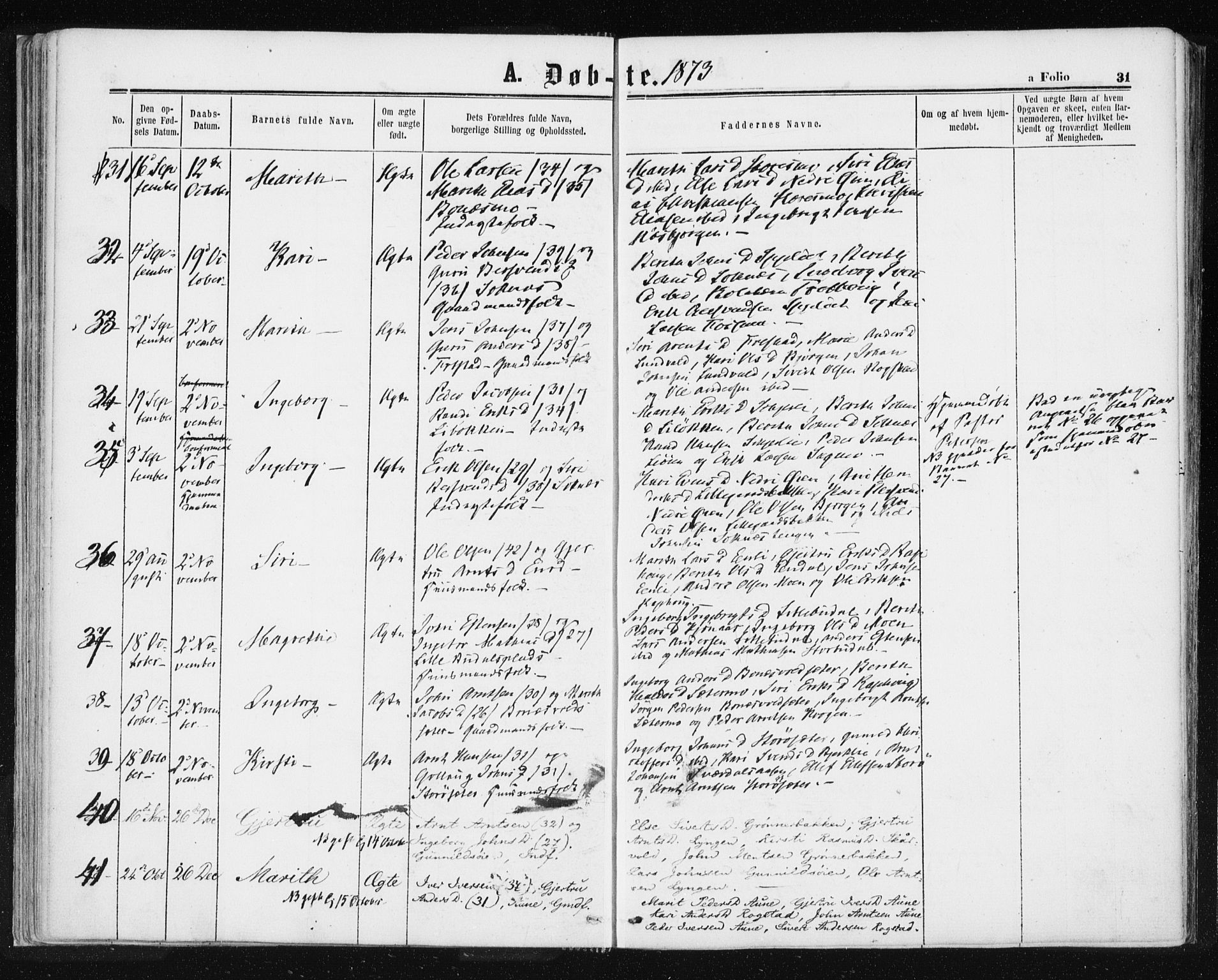 Ministerialprotokoller, klokkerbøker og fødselsregistre - Sør-Trøndelag, SAT/A-1456/687/L1001: Parish register (official) no. 687A07, 1863-1878, p. 31
